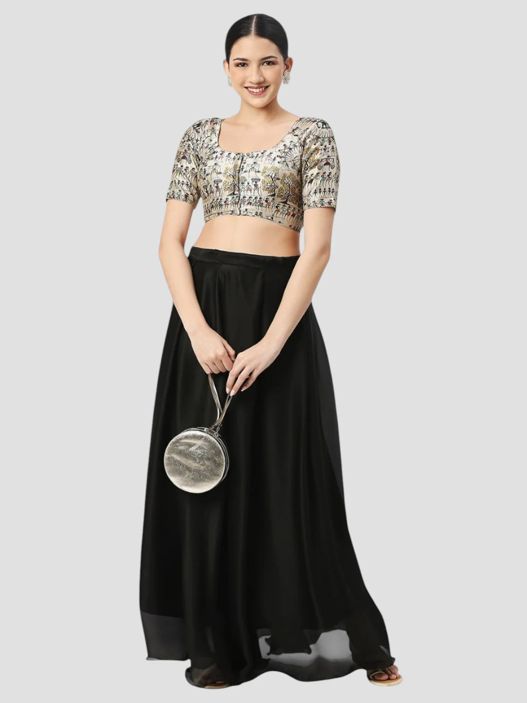 Cream Warli Printed Silk Round Neck Half Sleeves Readymade Blouse