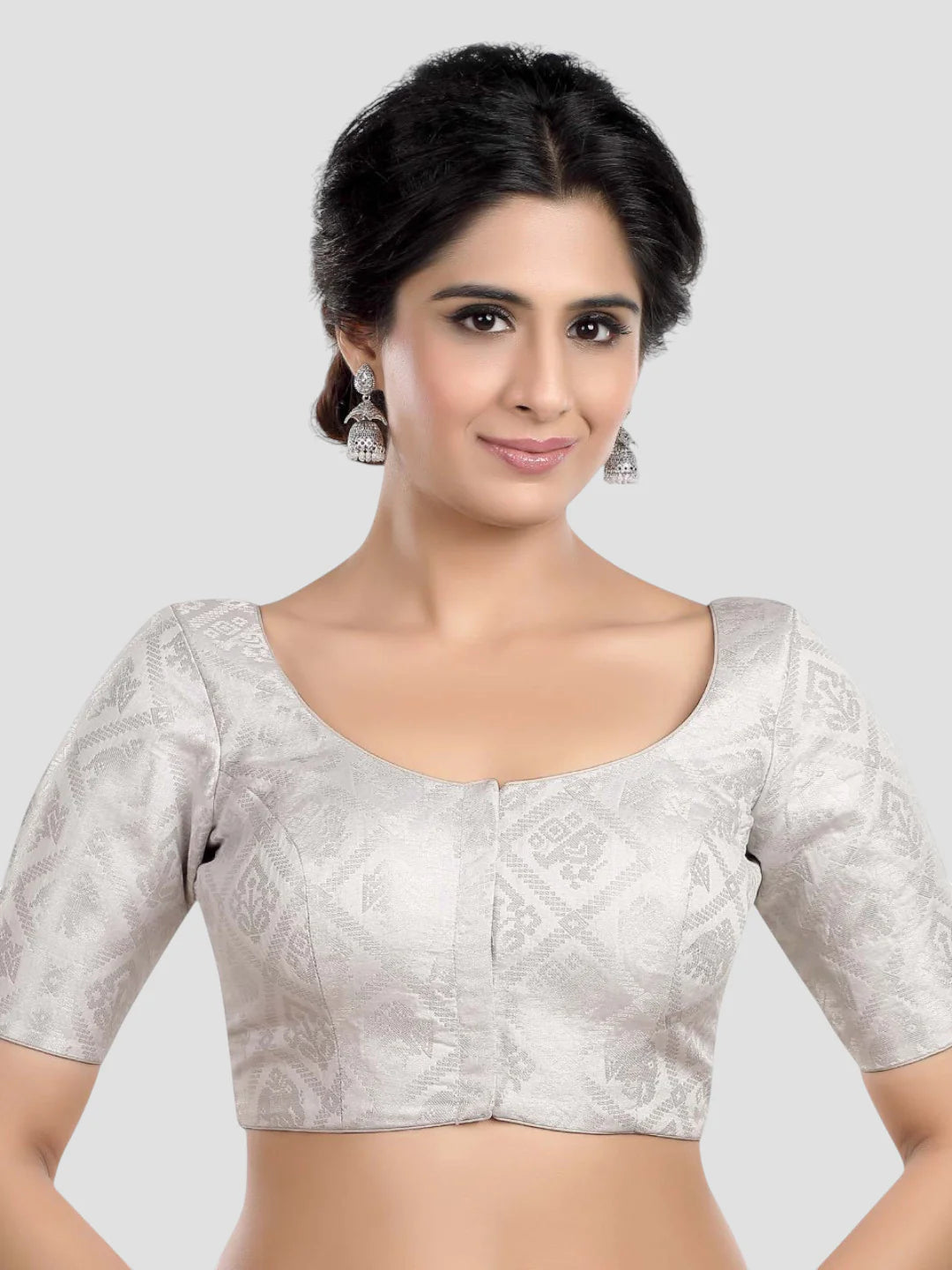 Silver Brocade Round Neck Half Sleeves Readymade Saree Blouse