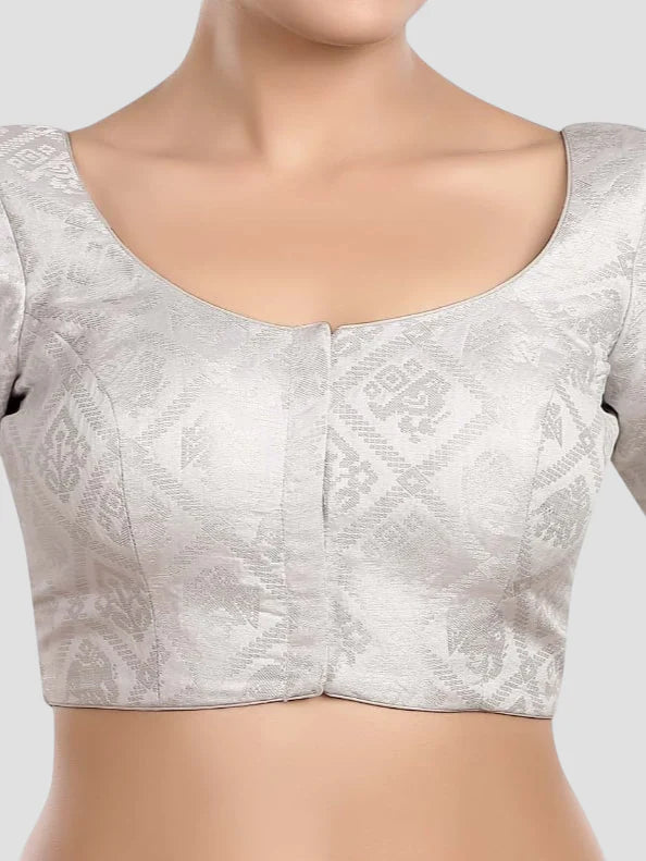 Silver Brocade Round Neck Half Sleeves Readymade Saree Blouse