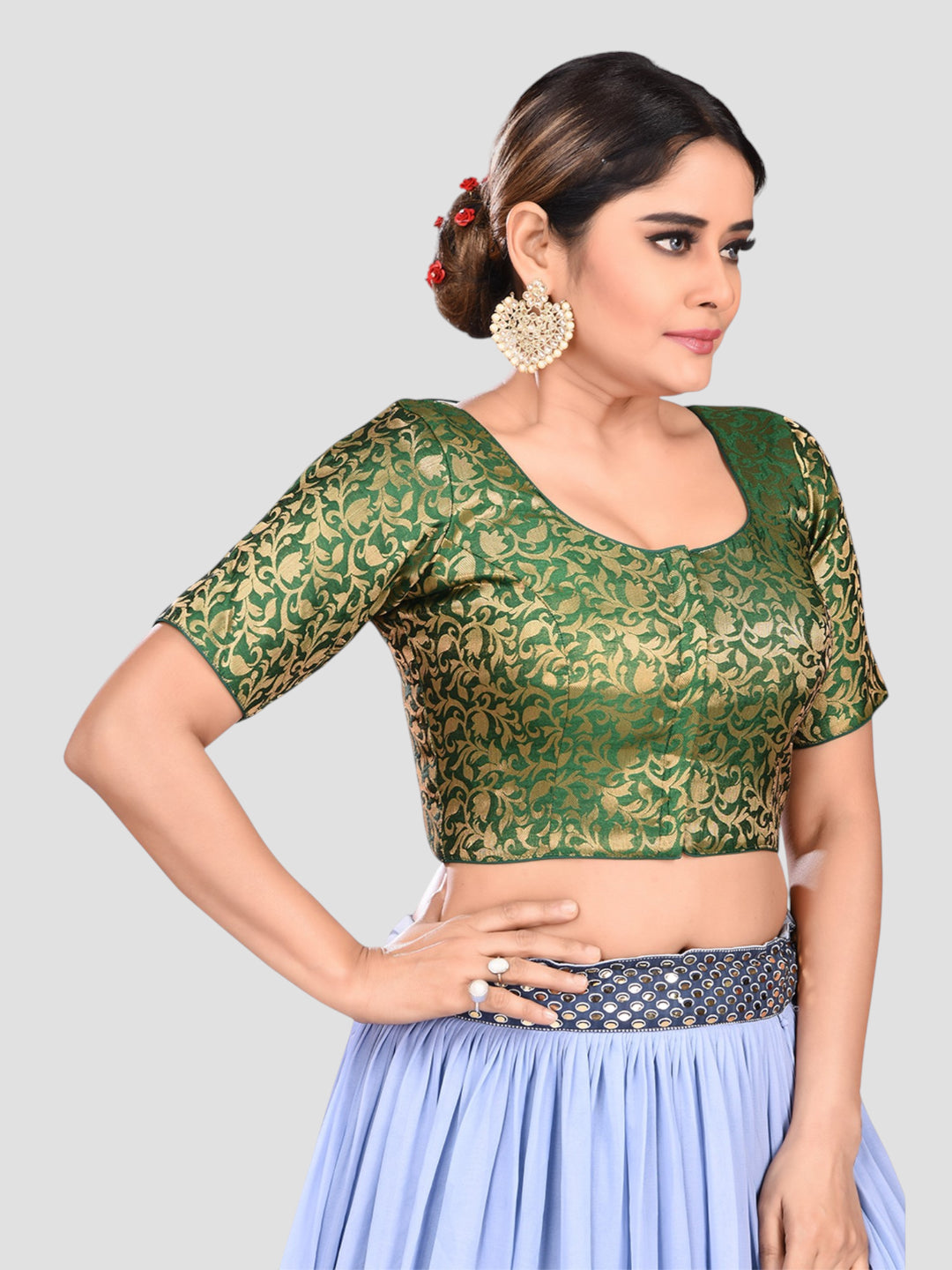 Green Brocade Round Neck Half Sleeves Back Tie-Up Design Readymade Blouse
