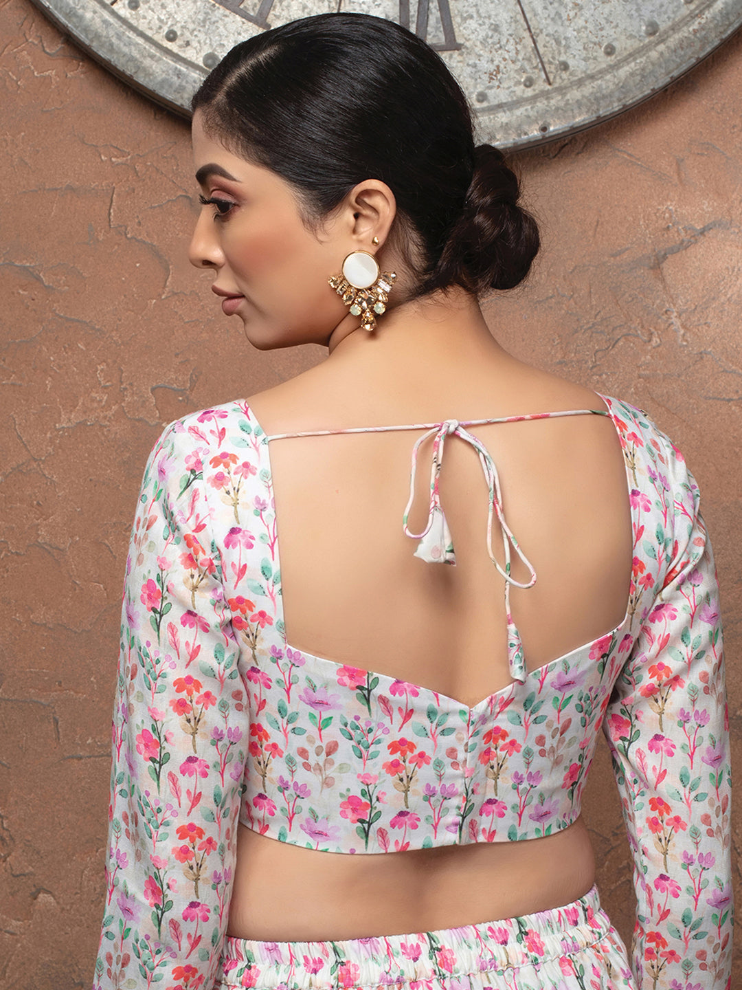 White Cotton Deep Neck Full Sleeves Readymade Blouse