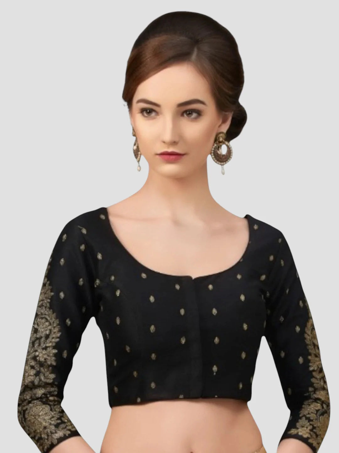 Black Brocade Round Neck 3/4 Sleeves Readymade Blouse