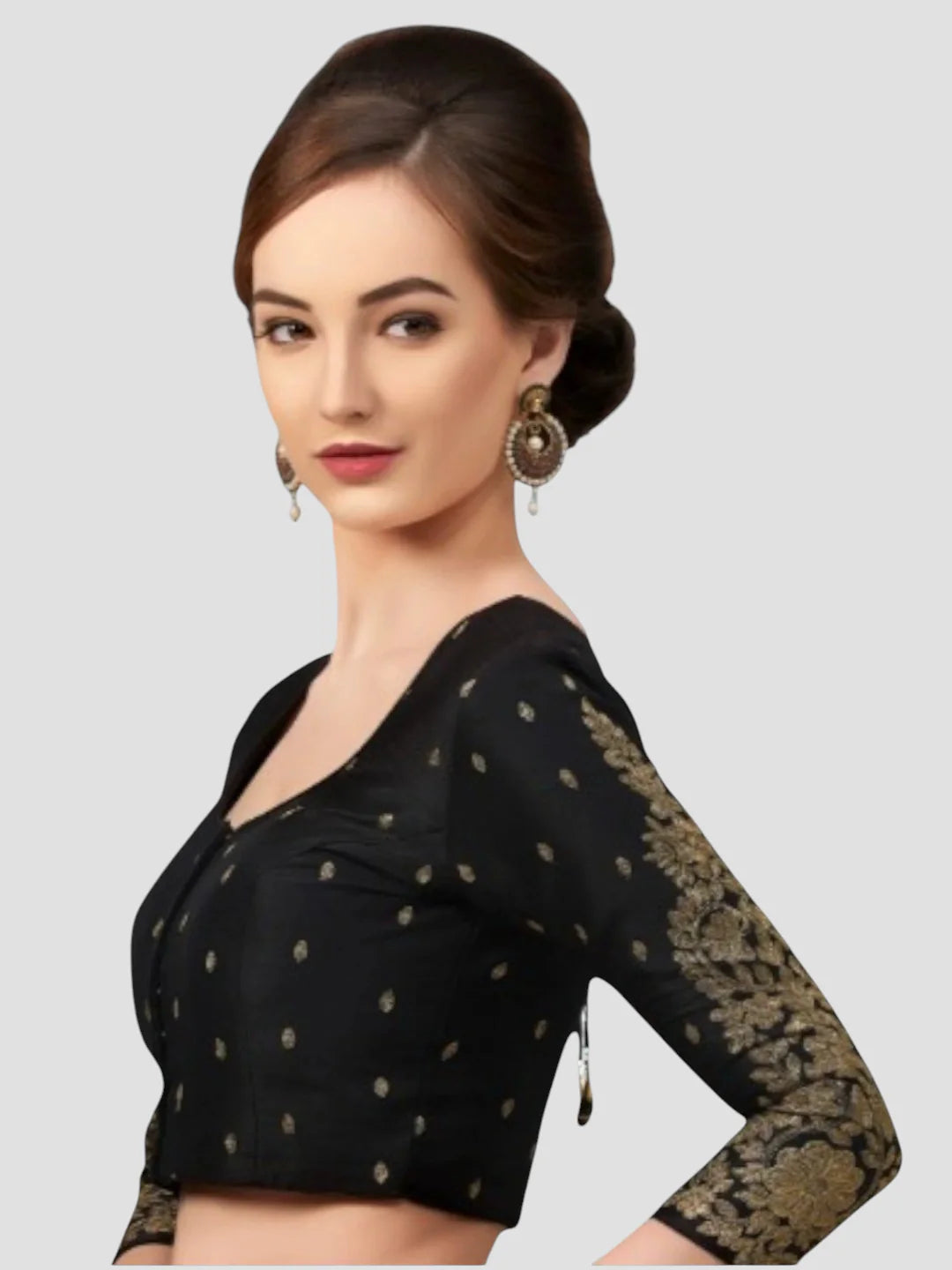 Black Brocade Round Neck 3/4 Sleeves Readymade Blouse