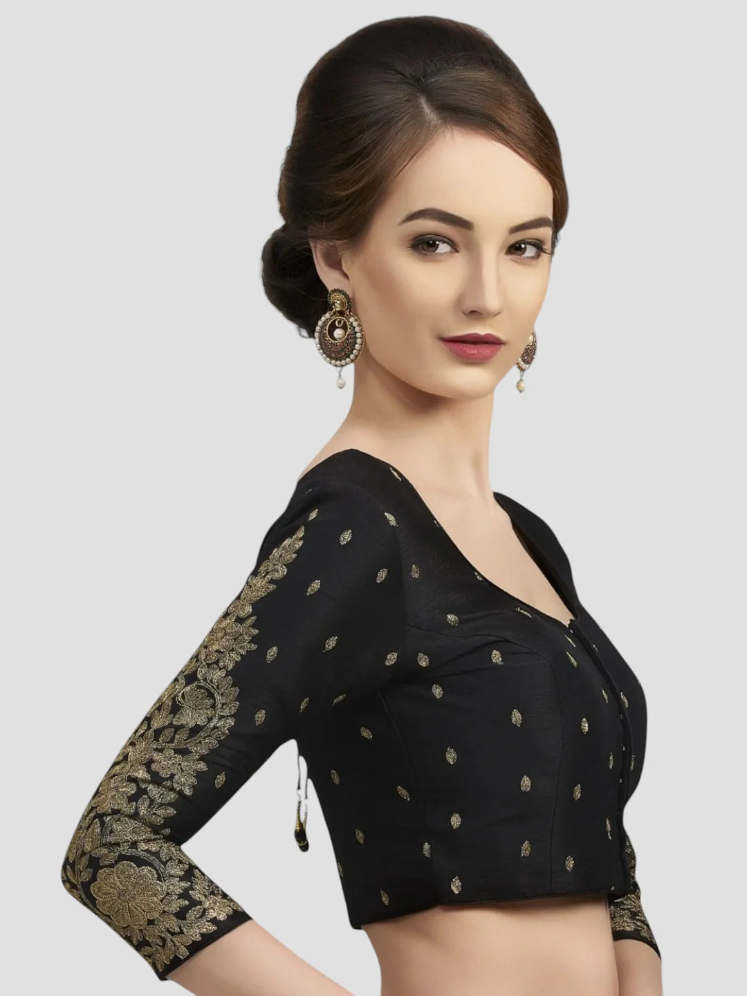 Black Brocade Round Neck 3/4 Sleeves Readymade Blouse
