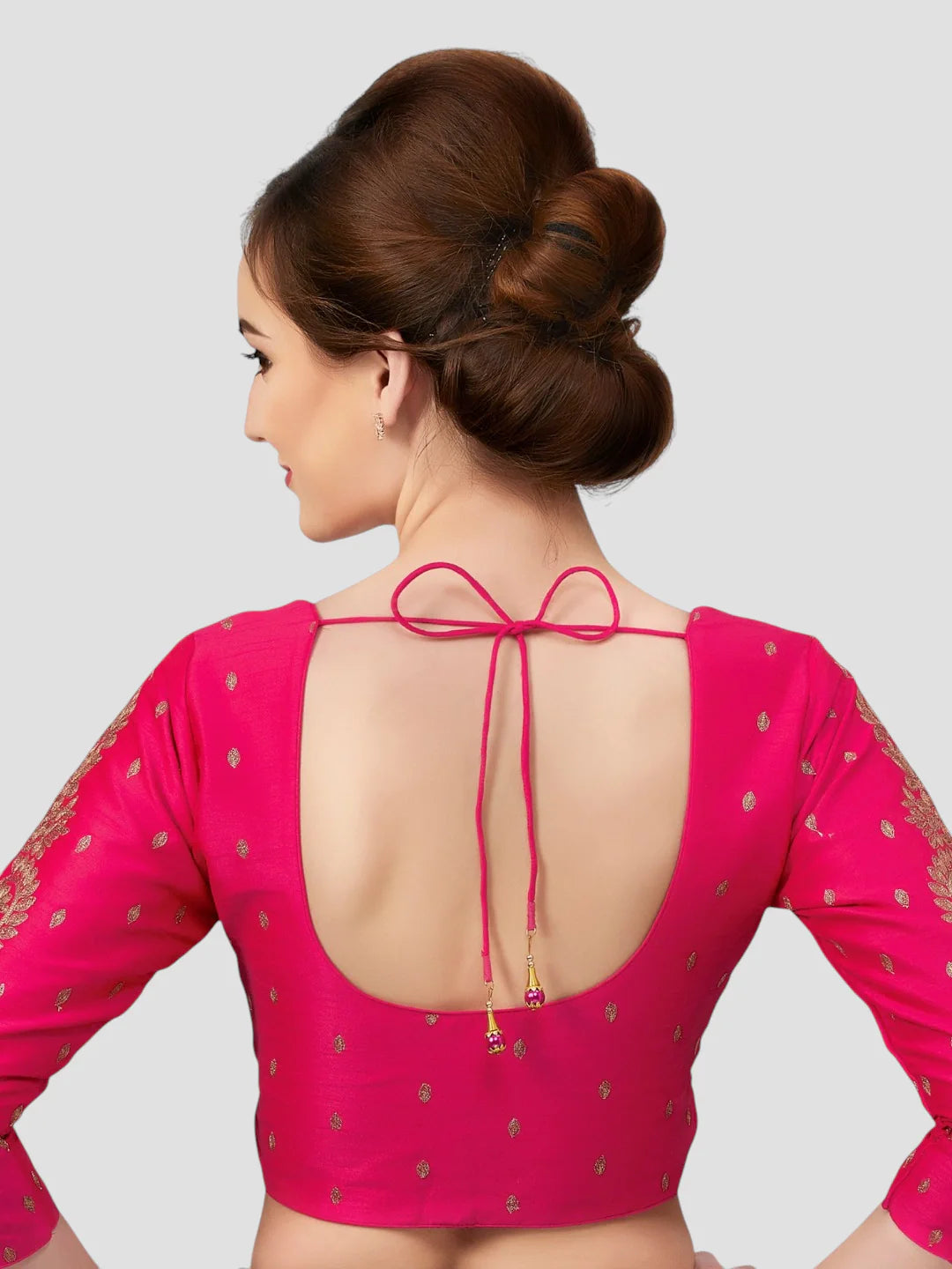 Pink Brocade Round Neck 3/4 Sleeves Readymade Blouse