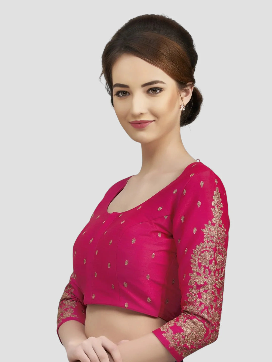 Pink Brocade Round Neck 3/4 Sleeves Readymade Blouse