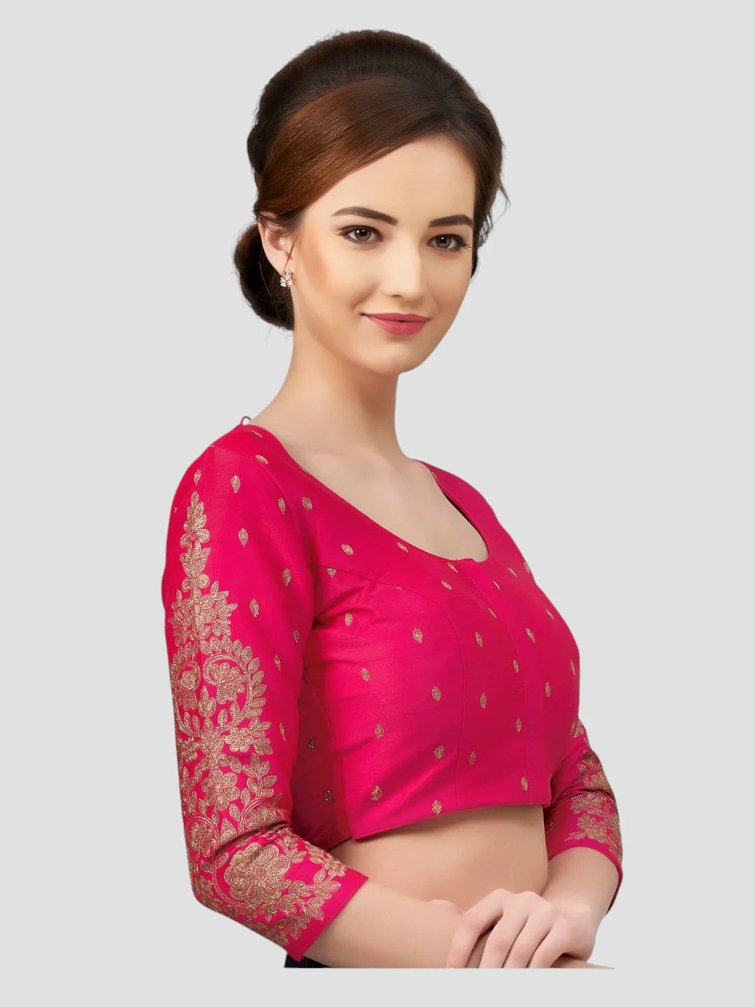 Pink Brocade Round Neck 3/4 Sleeves Readymade Blouse