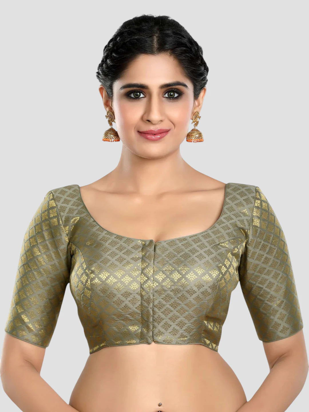 Grey Brocade Round Neck Half Sleeves Readymade Blouse