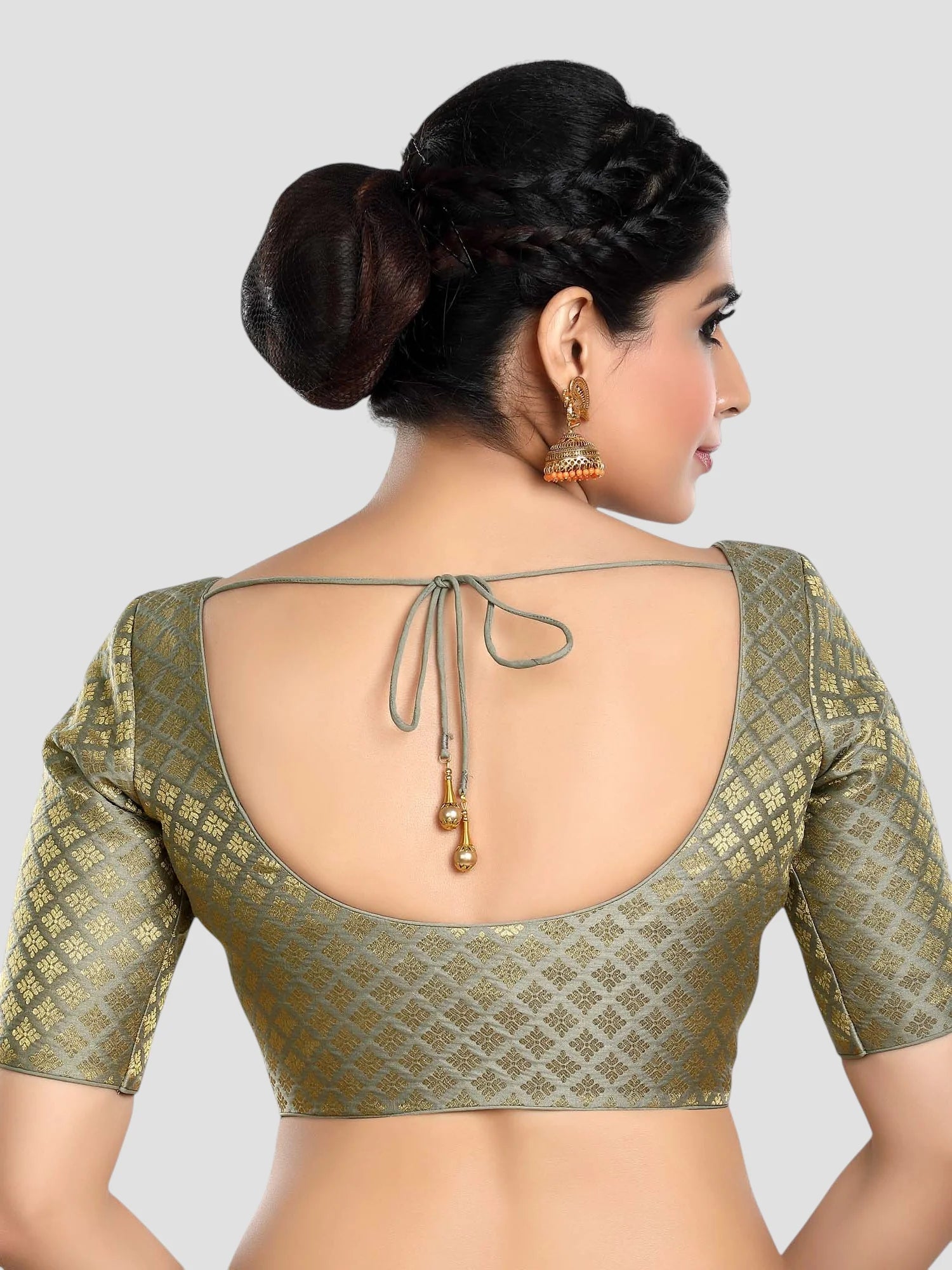 Grey Brocade Round Neck Half Sleeves Readymade Blouse