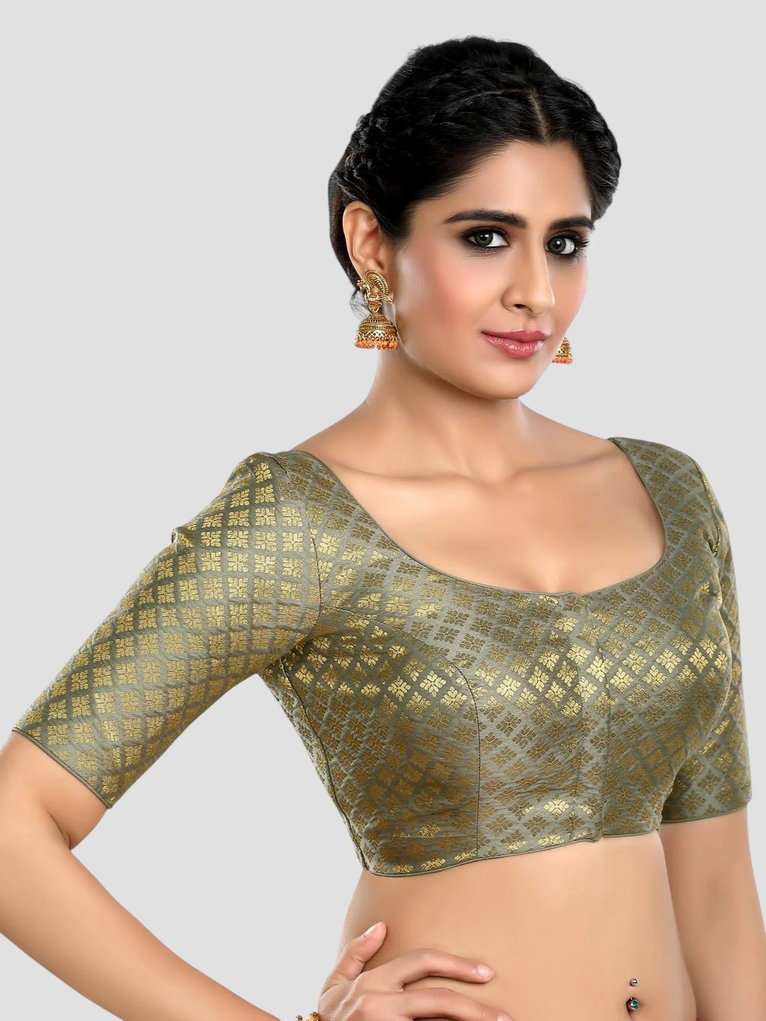 Grey Brocade Round Neck Half Sleeves Readymade Blouse