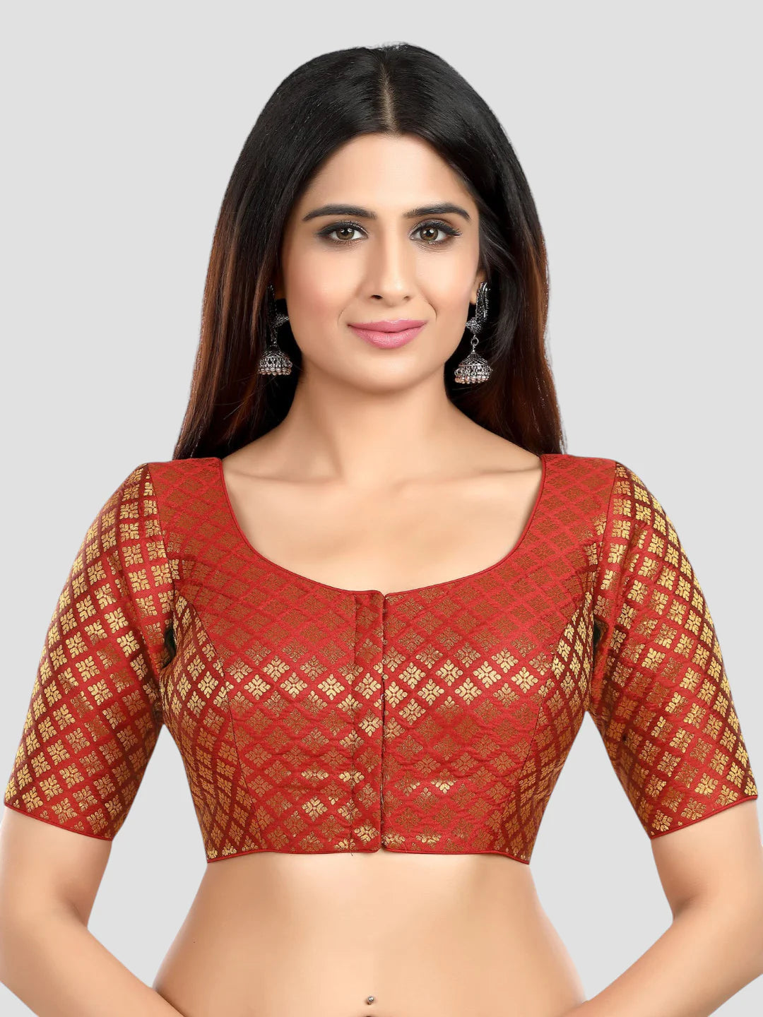 Maroon Brocade Round Neck Half Sleeves Readymade Blouse