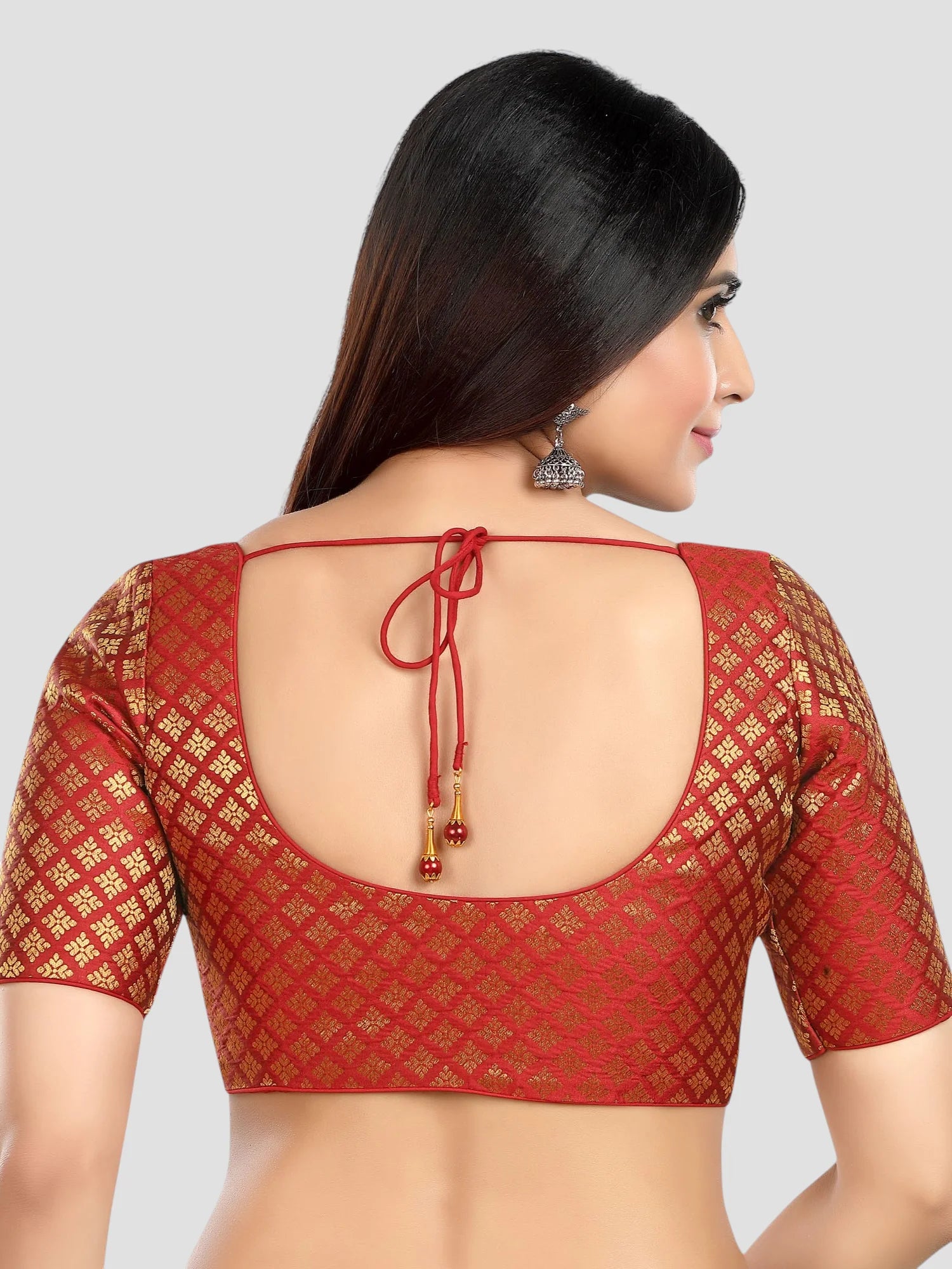 Maroon Brocade Round Neck Half Sleeves Readymade Blouse