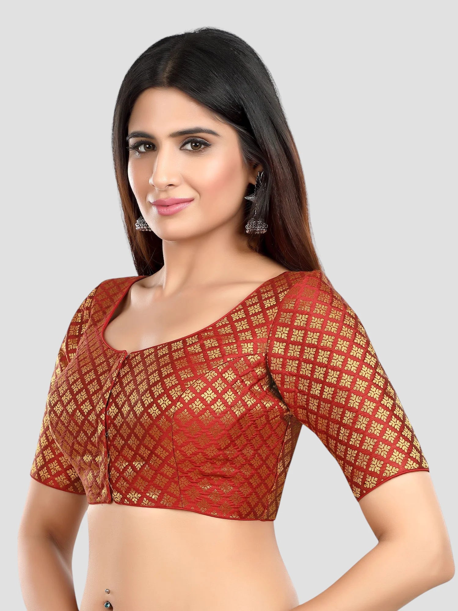 Maroon Brocade Round Neck Half Sleeves Readymade Blouse