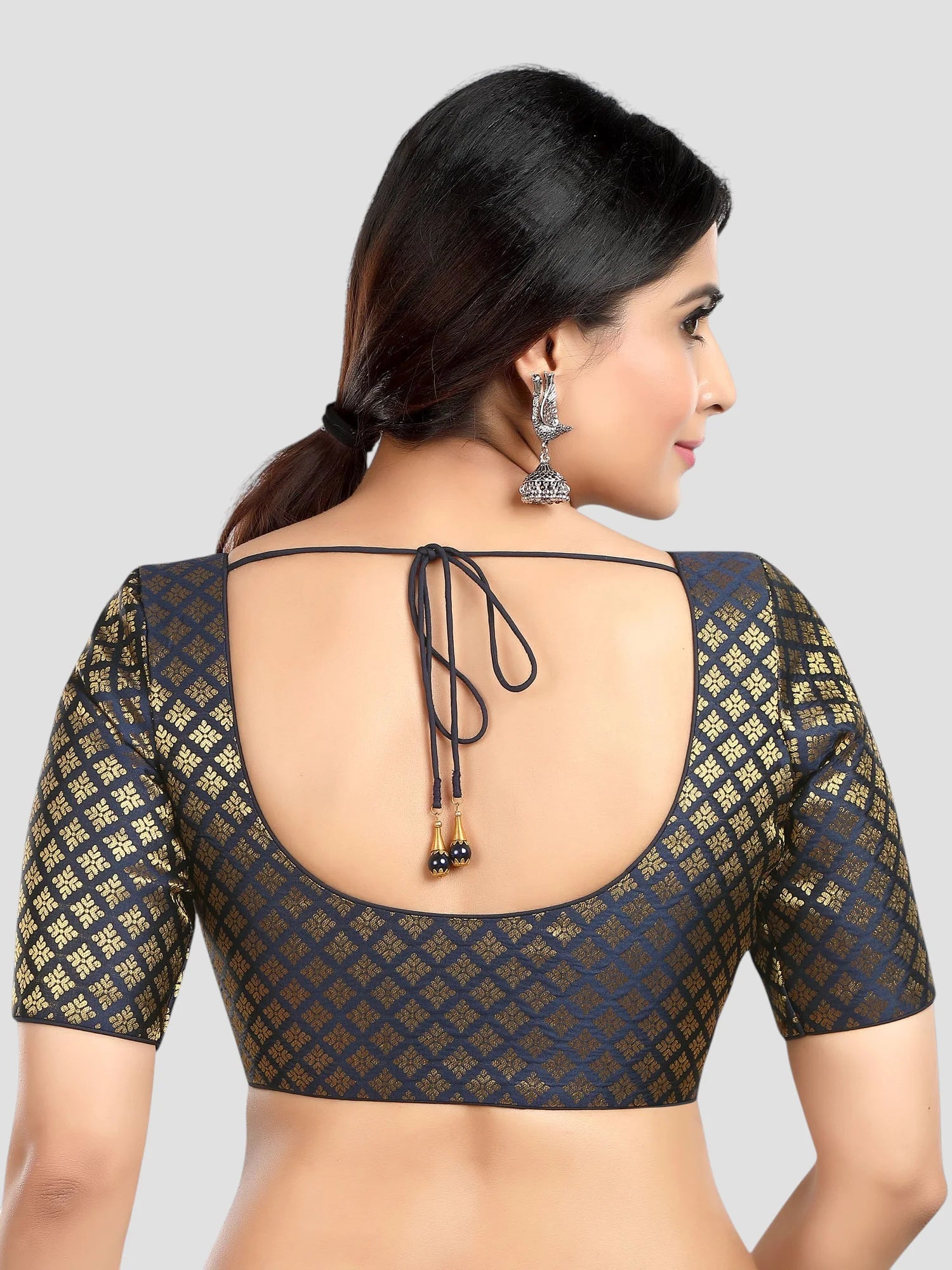 Navy Blue Brocade Round Neck Half Sleeves Readymade Blouse