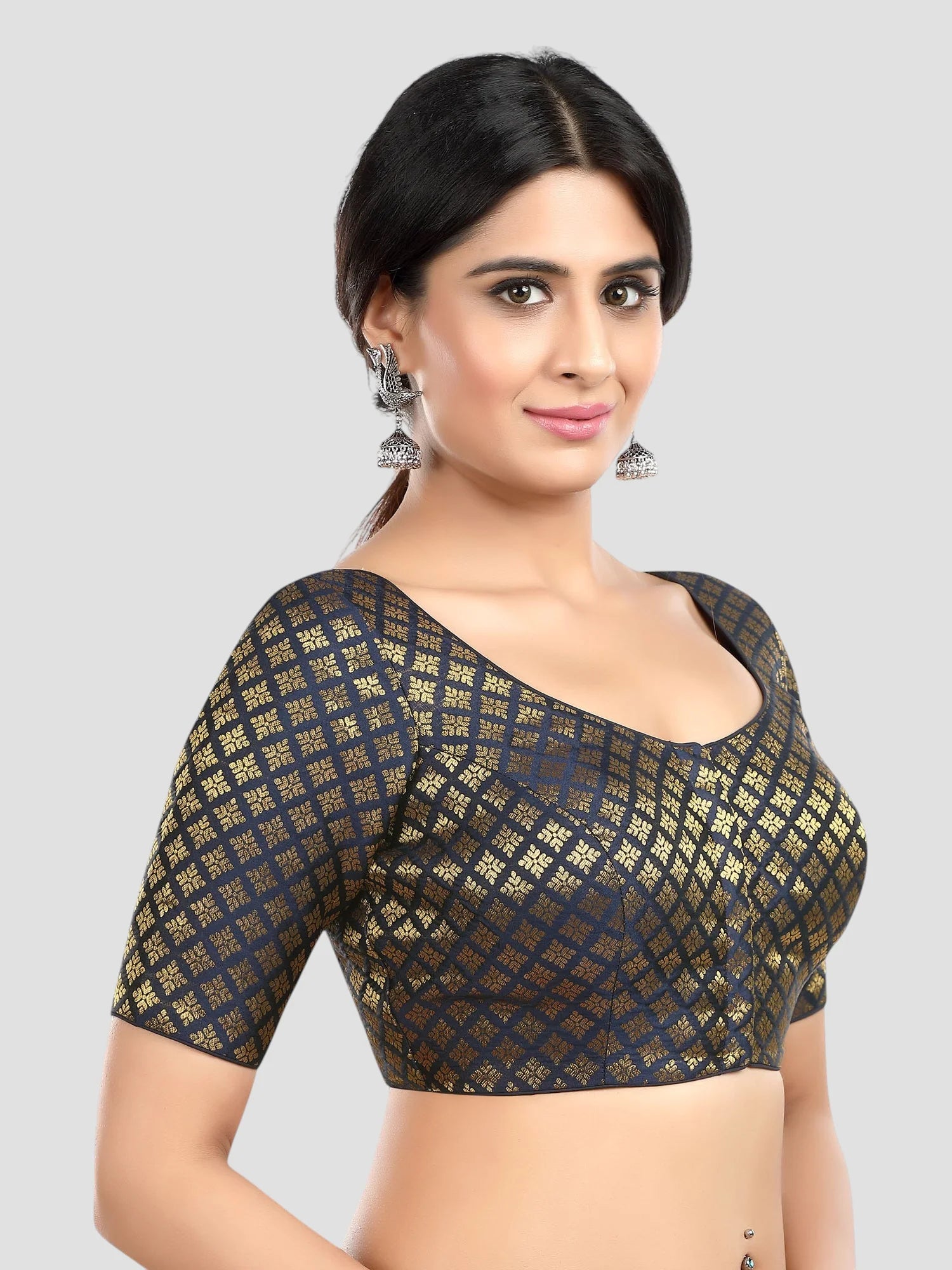 Navy Blue Brocade Round Neck Half Sleeves Readymade Blouse