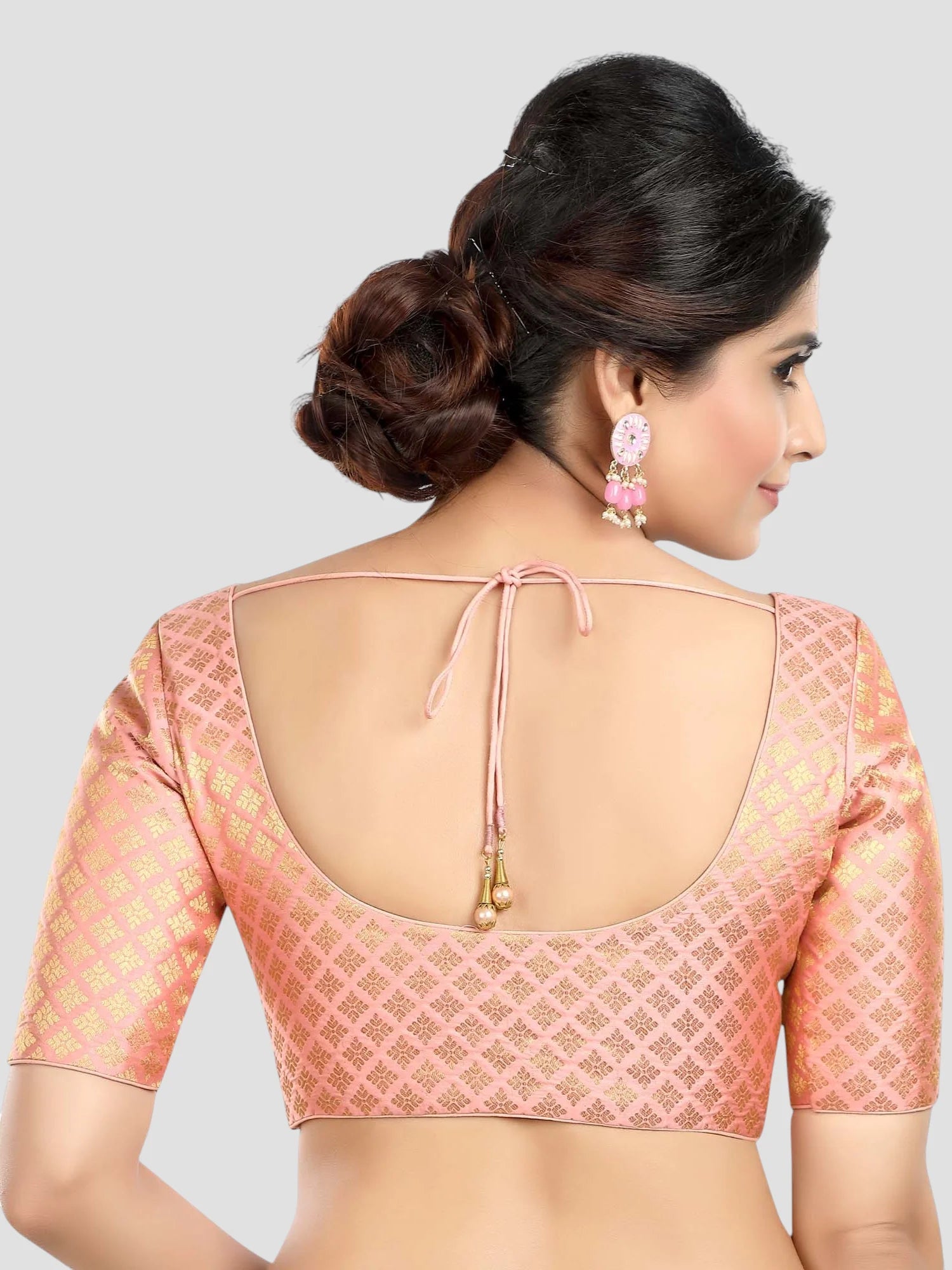 Peach Brocade Round Neck Half Sleeves Readymade Blouse