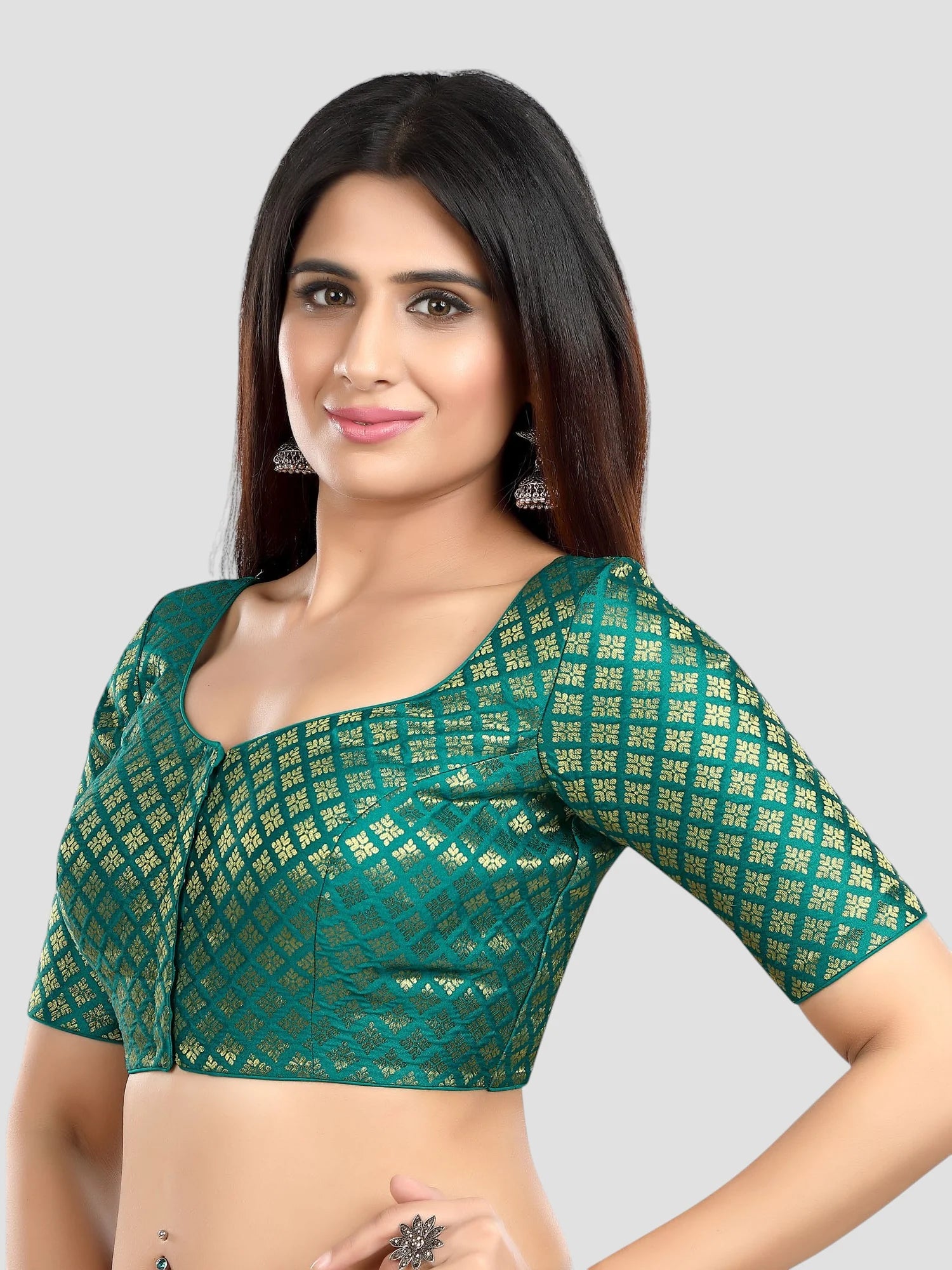 Rama Green Brocade Round Neck Half Sleeves Readymade Blouse