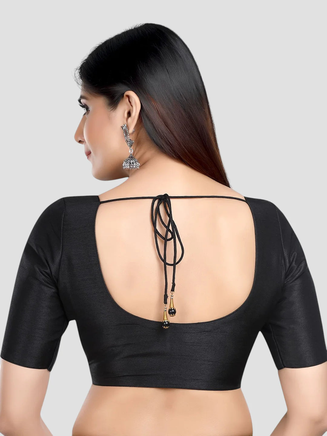 Black Silk Round Neck Half Sleeves Readymade Blouse