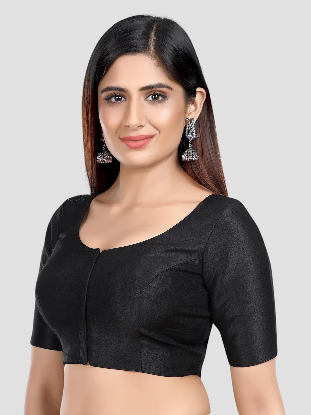 Black Silk Round Neck Half Sleeves Readymade Blouse