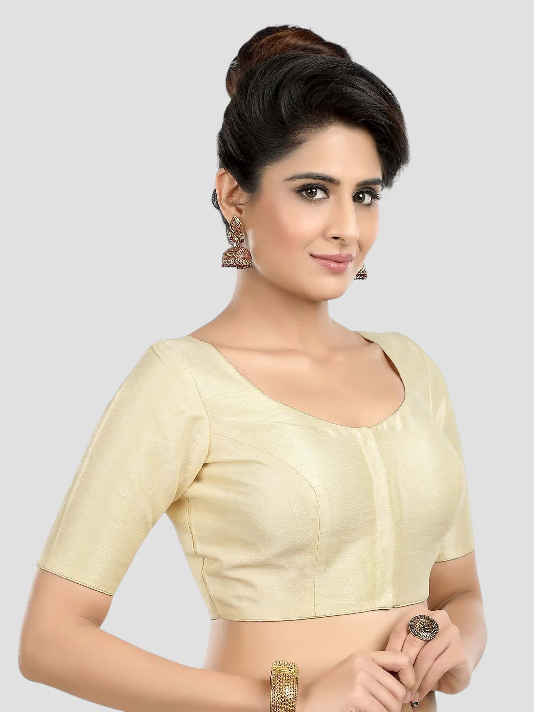 Cream Solid Silk Round Neck Half Sleeves Readymade Blouse