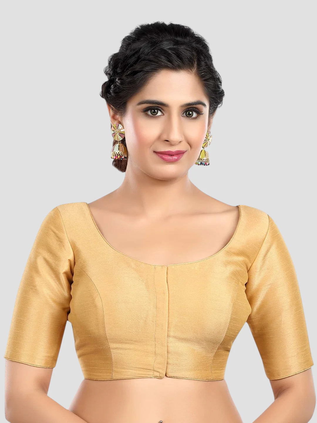 Golden Silk Round Neck Half Sleeves Readymade Blouse