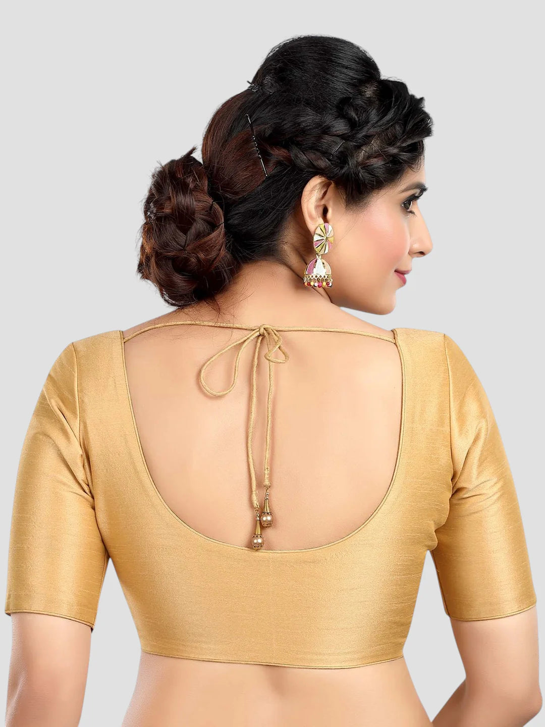 Golden Silk Round Neck Half Sleeves Readymade Blouse