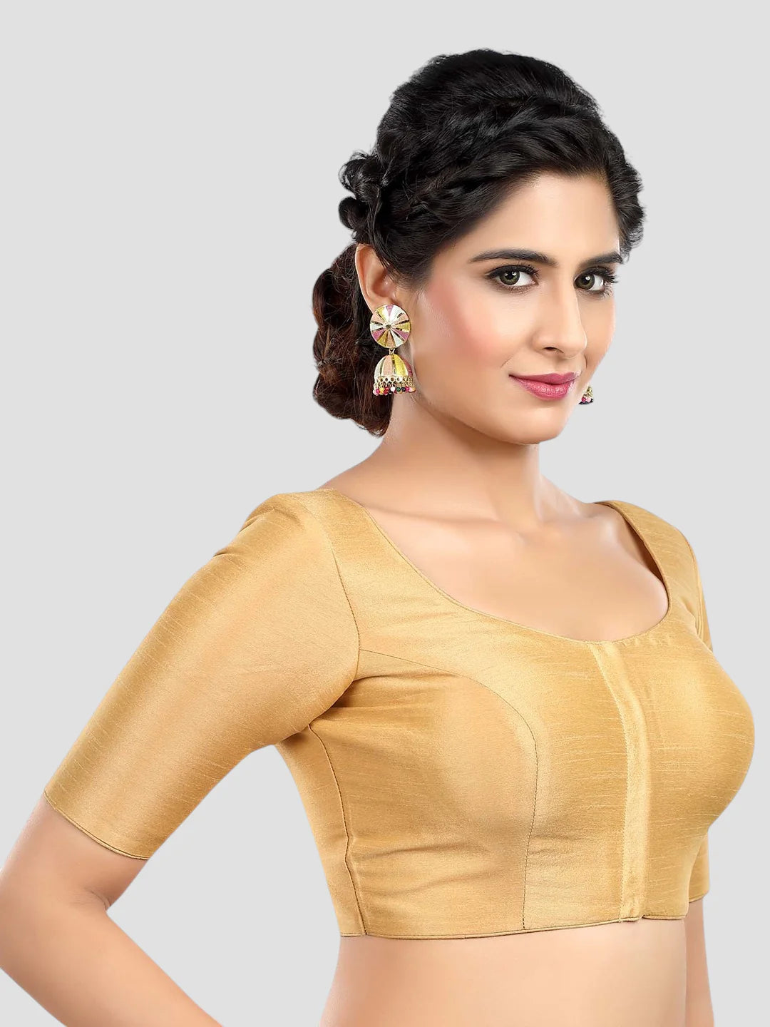 Golden Silk Round Neck Half Sleeves Readymade Blouse