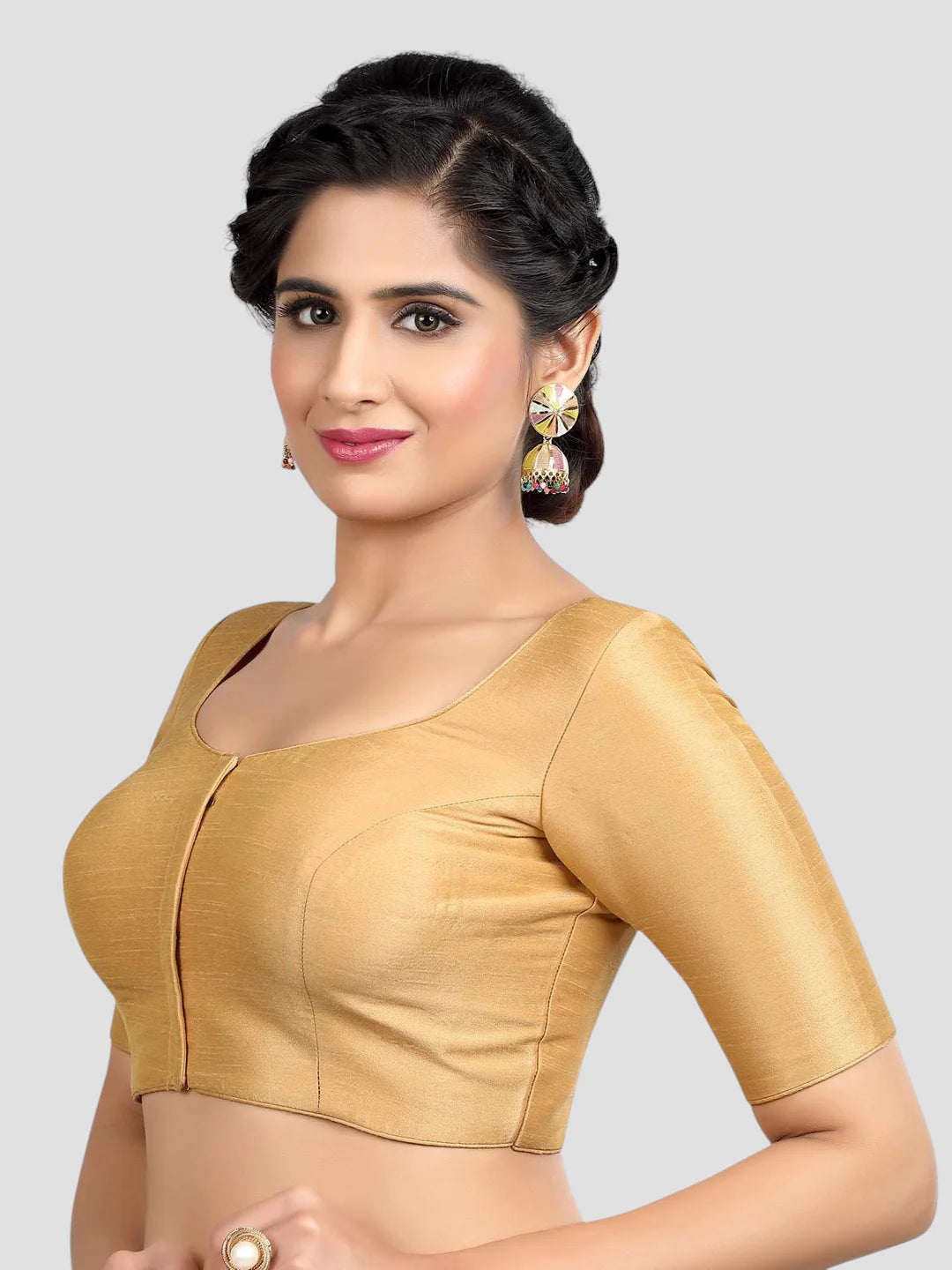 Golden Silk Round Neck Half Sleeves Readymade Blouse