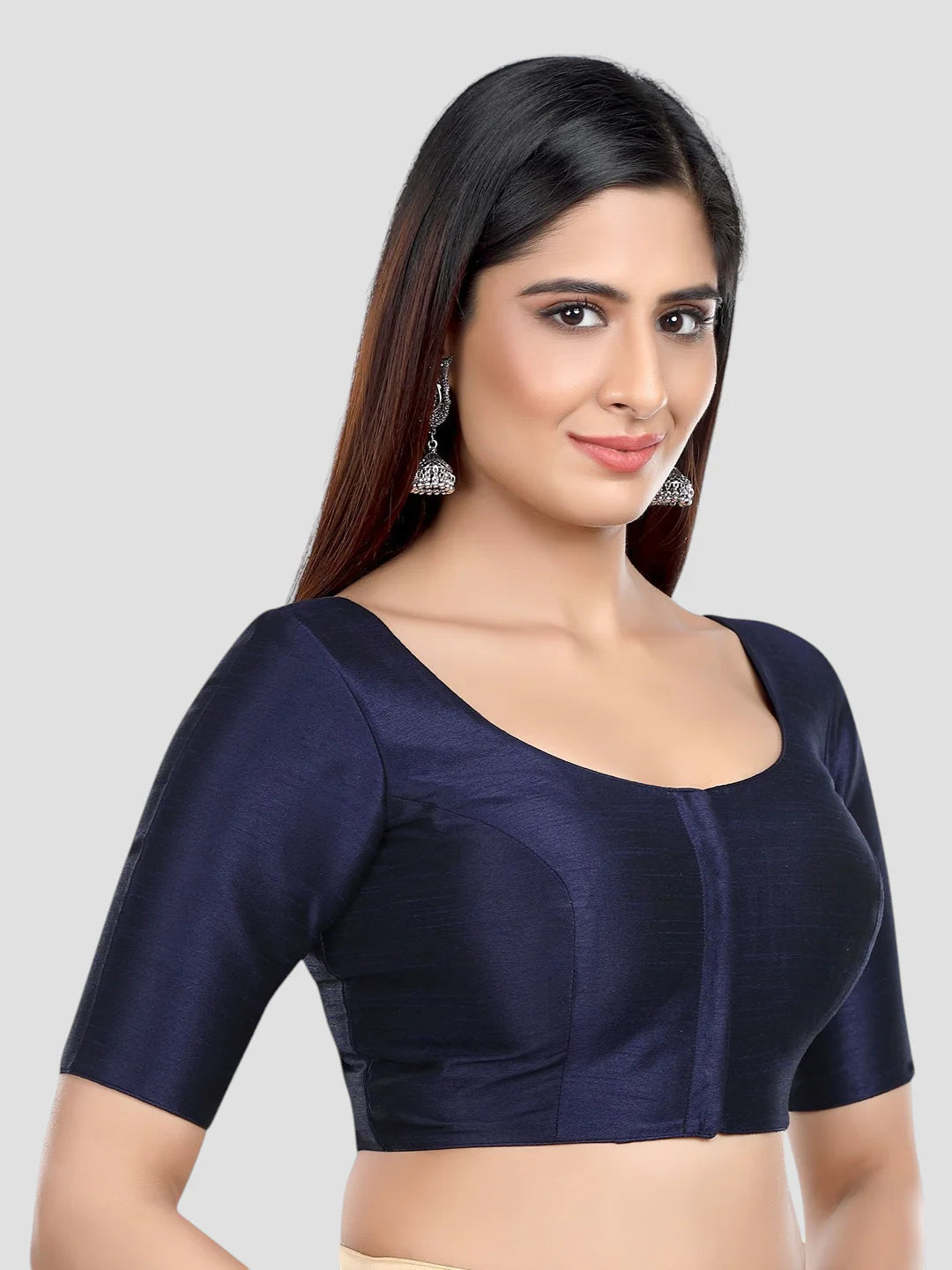 Navy Blue Silk Round Neck Half Sleeves Readymade Blouse