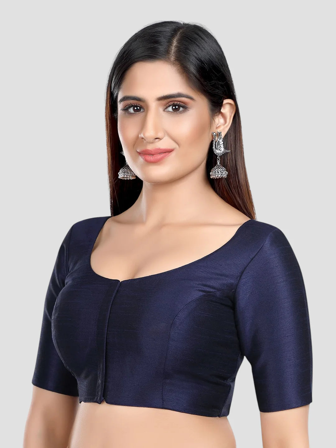 Navy Blue Silk Round Neck Half Sleeves Readymade Blouse