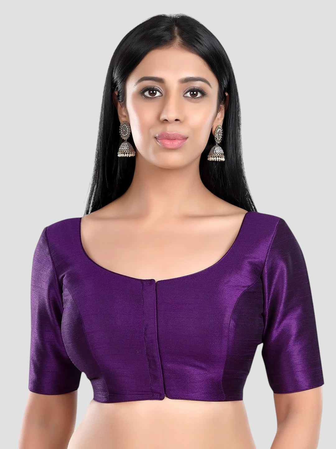 Purple Silk Round Neck Half Sleeves Readymade Blouse