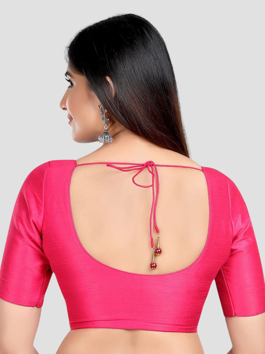 Rani Pink Silk Round Neck Half Sleeves Readymade Blouse