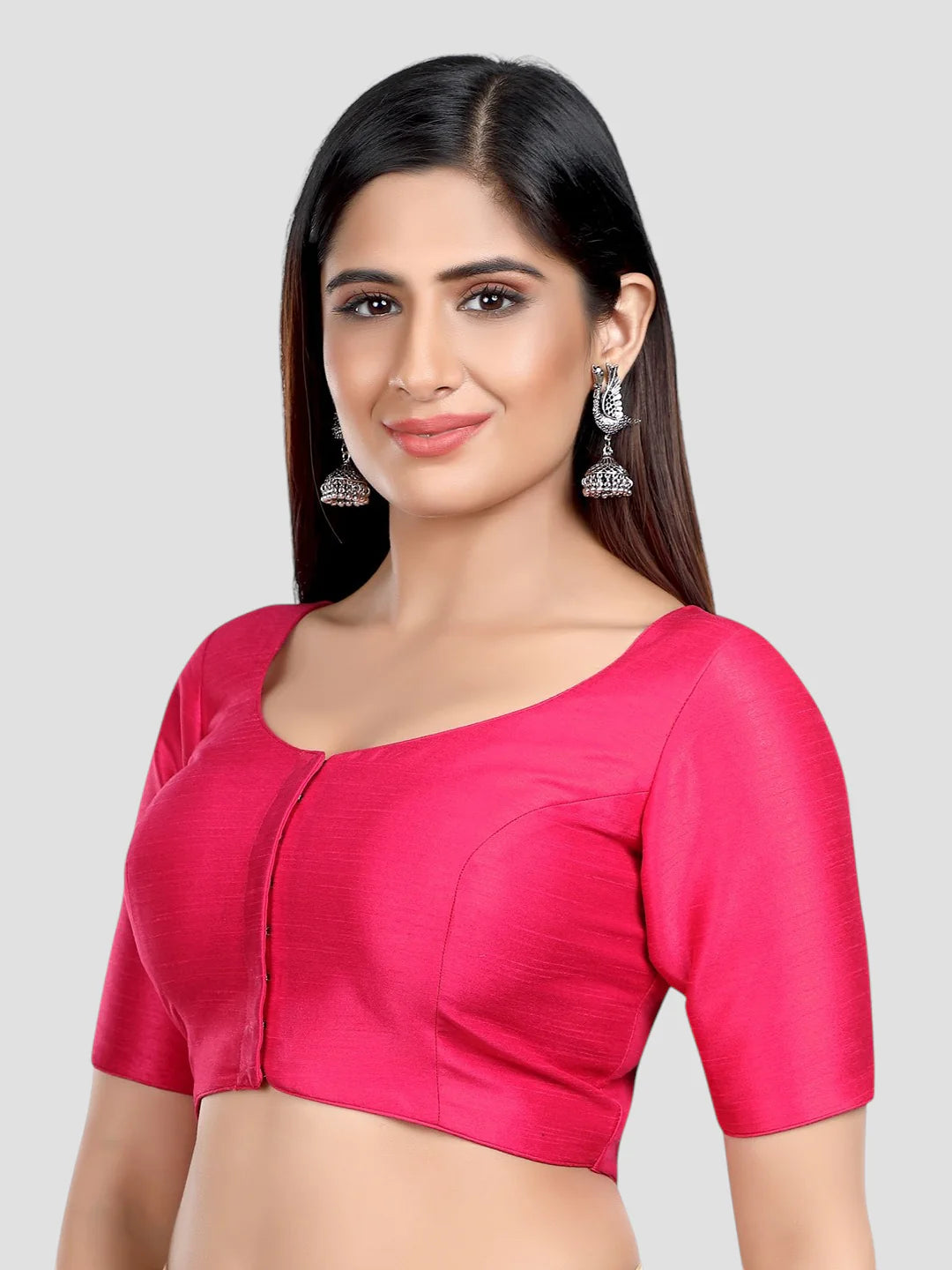 Rani Pink Silk Round Neck Half Sleeves Readymade Blouse