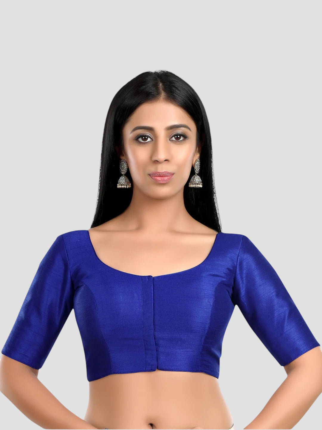 Royal Blue Silk Round Neck Half Sleeves Readymade Blouse