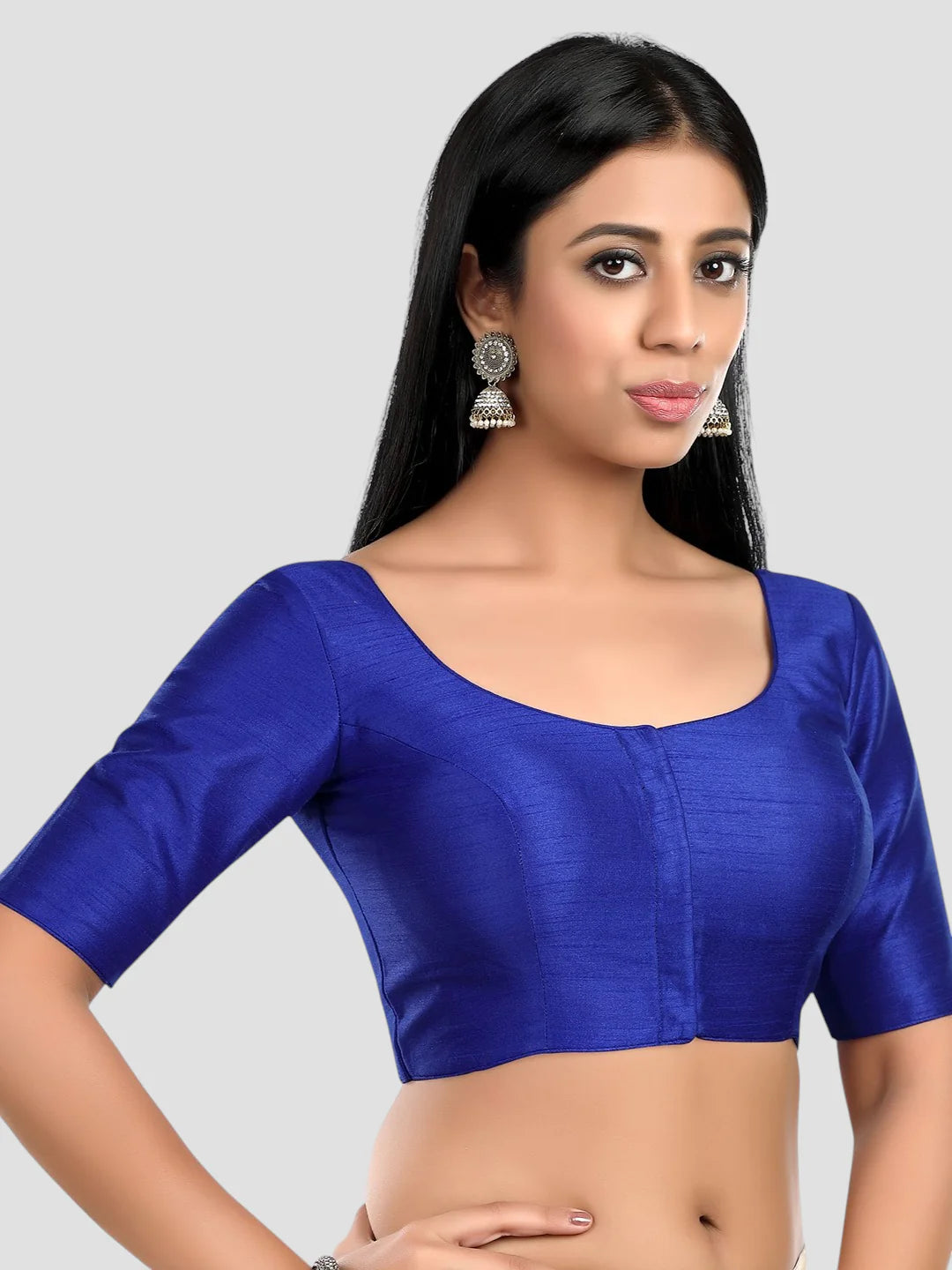 Royal Blue Silk Round Neck Half Sleeves Readymade Blouse