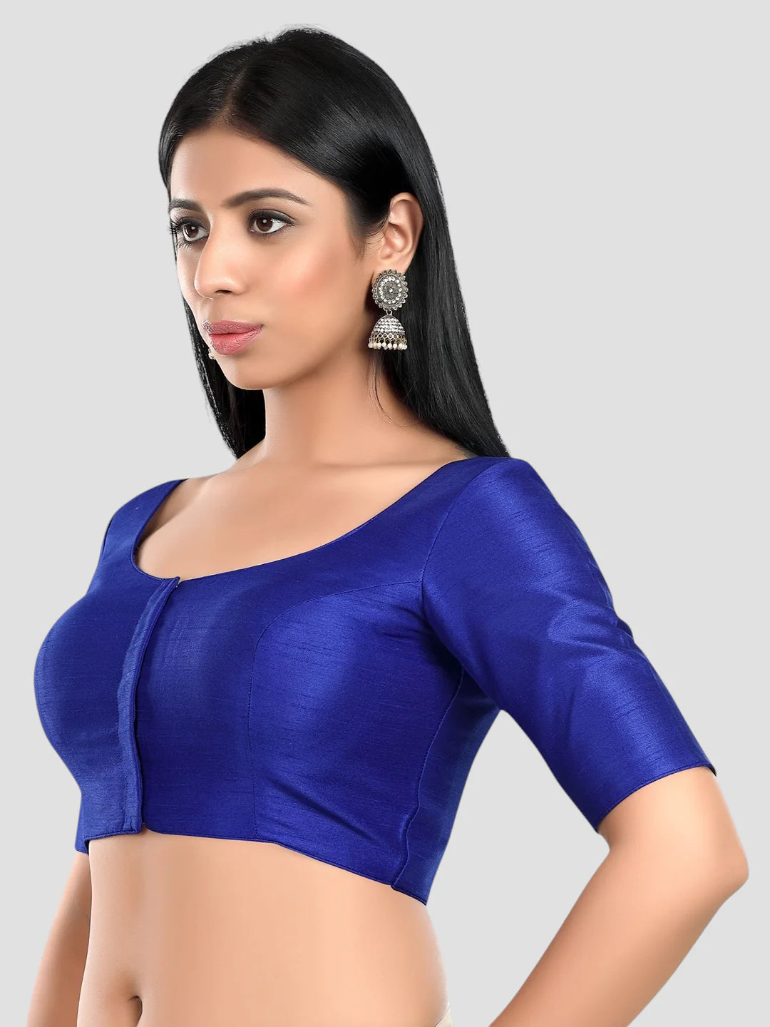 Royal Blue Silk Round Neck Half Sleeves Readymade Blouse