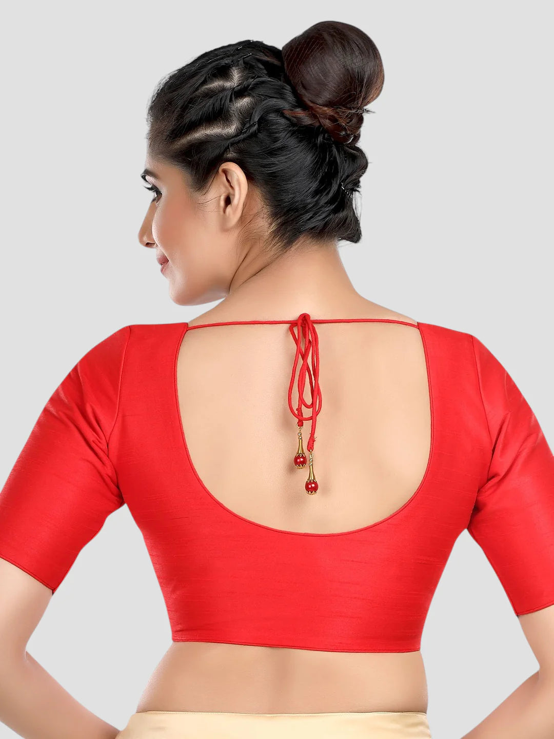 Red Silk Round Neck Half Sleeves Readymade Blouse