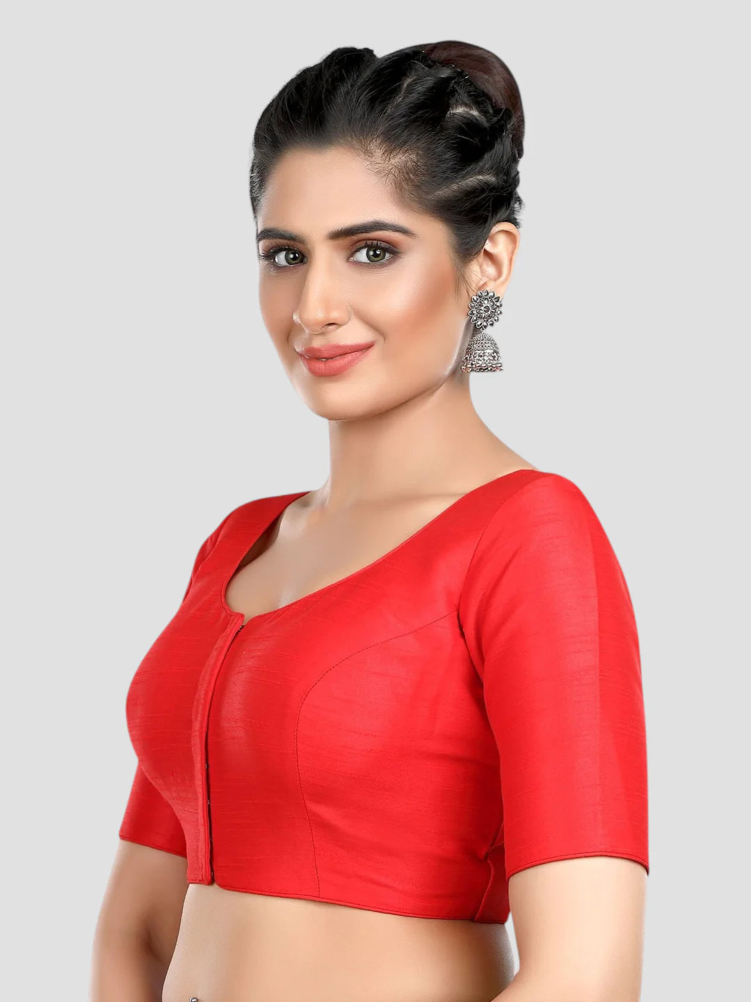 Red Silk Round Neck Half Sleeves Readymade Blouse