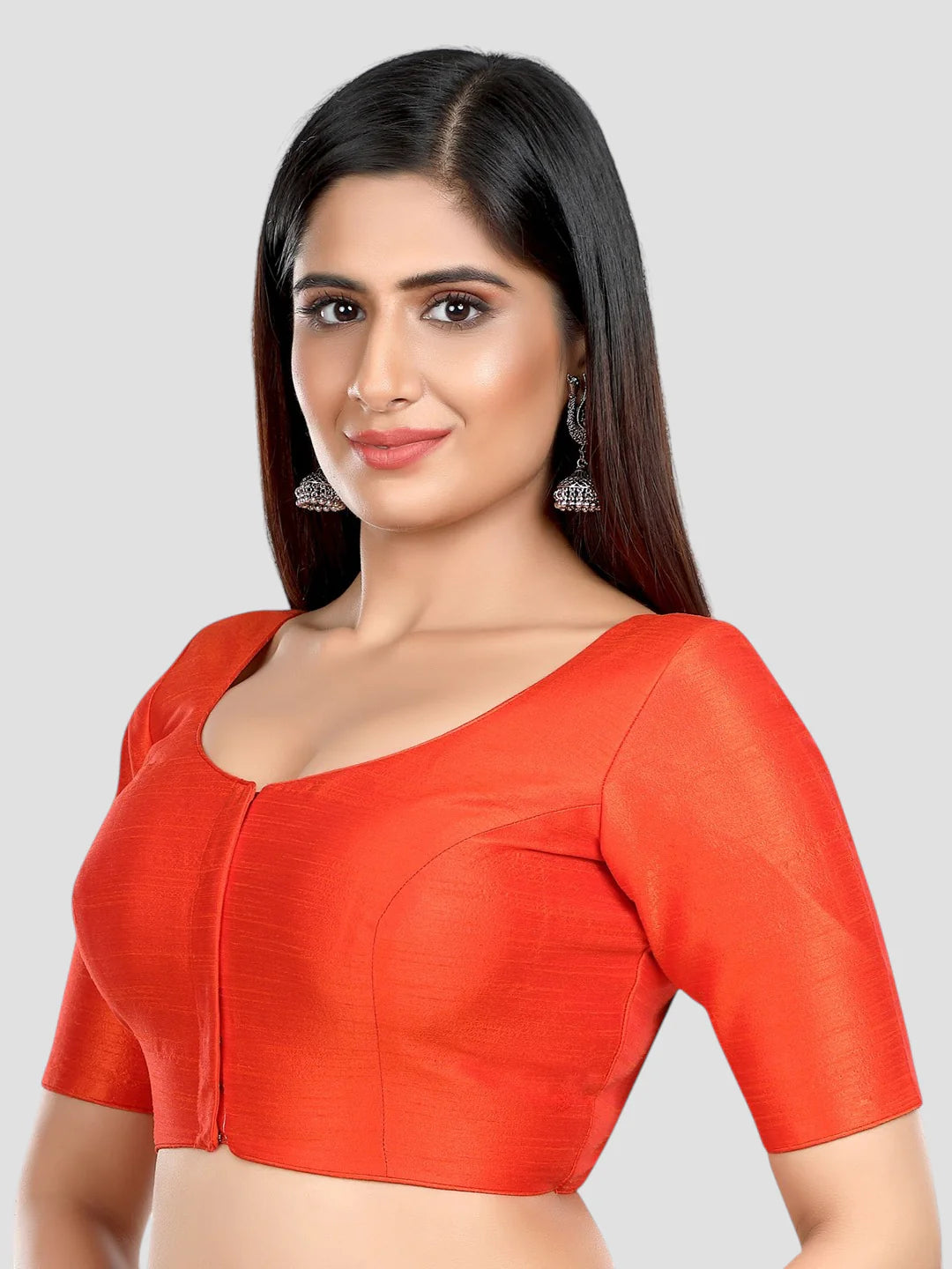 Rust Silk Round Neck Half Sleeves Readymade Blouse