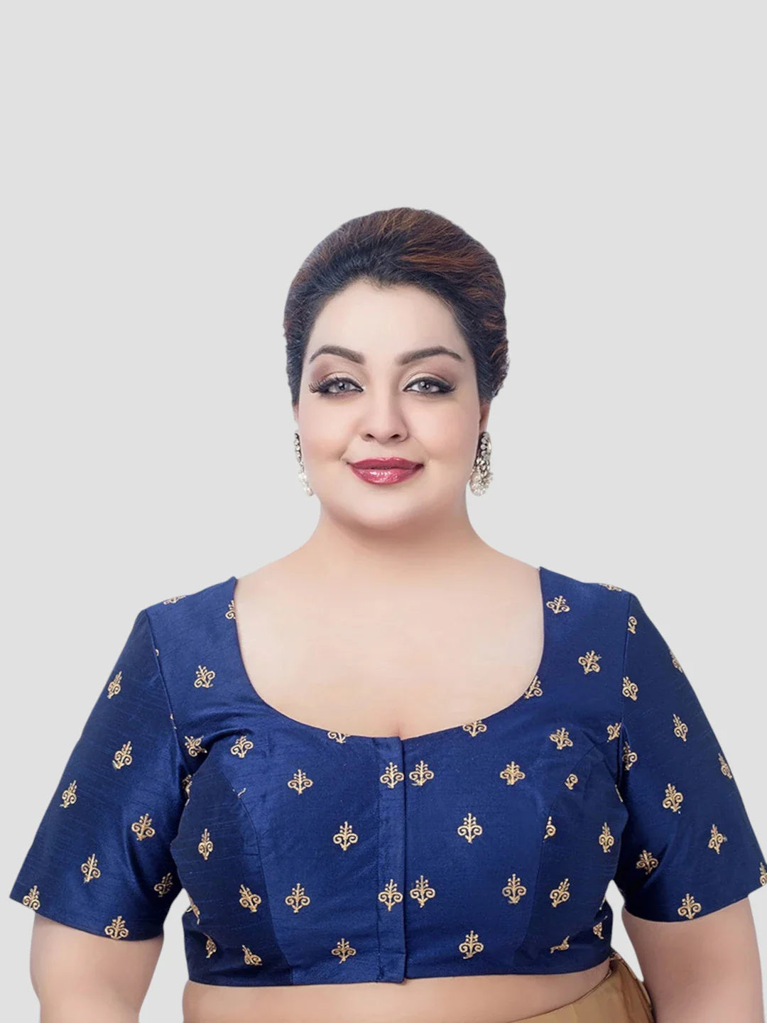 Navy Blue Silk Round Neck Half Sleeves Readymade Blouse