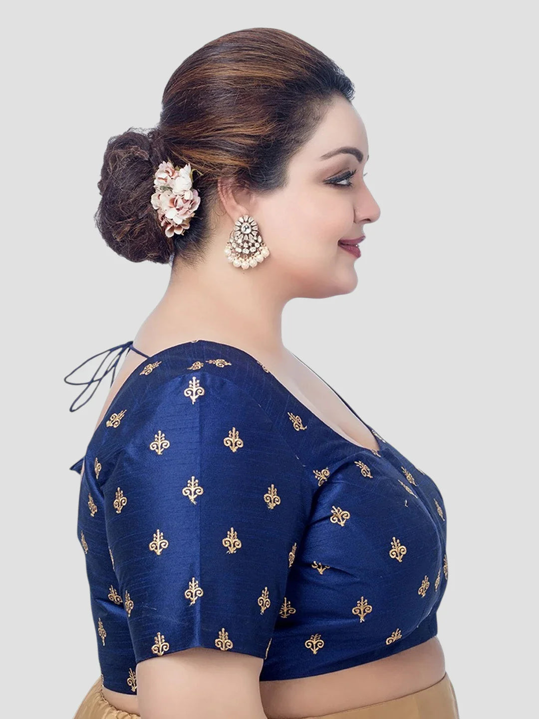 Navy Blue Silk Round Neck Half Sleeves Readymade Blouse