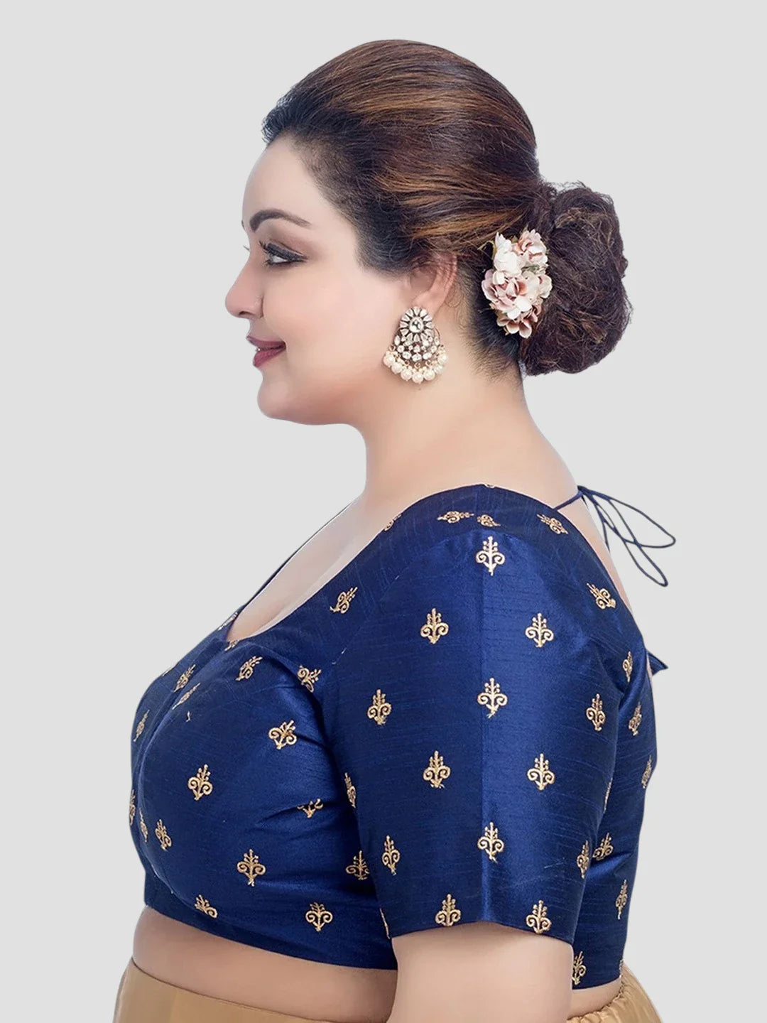 Navy Blue Silk Round Neck Half Sleeves Readymade Blouse