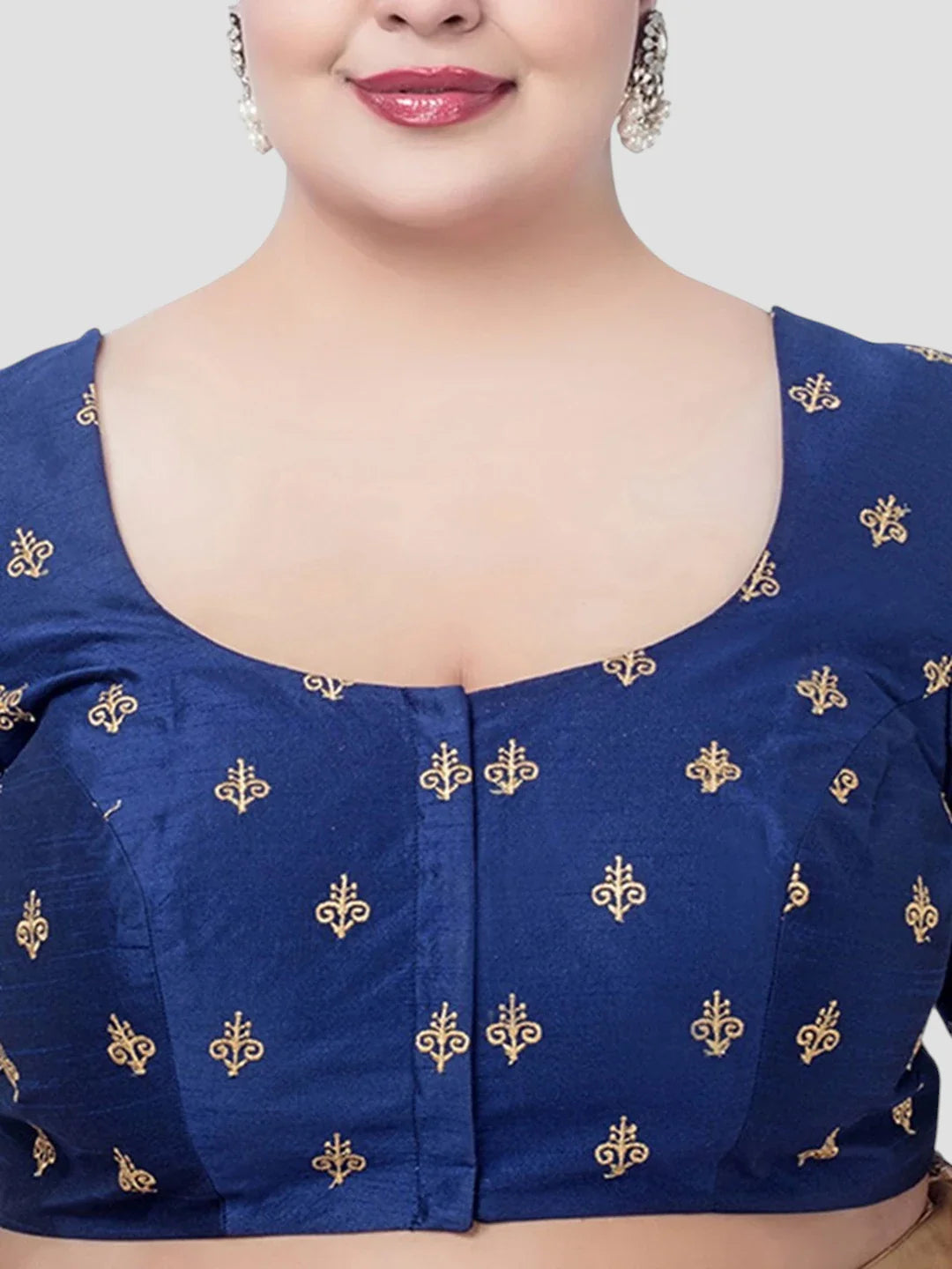Navy Blue Silk Round Neck Half Sleeves Readymade Blouse