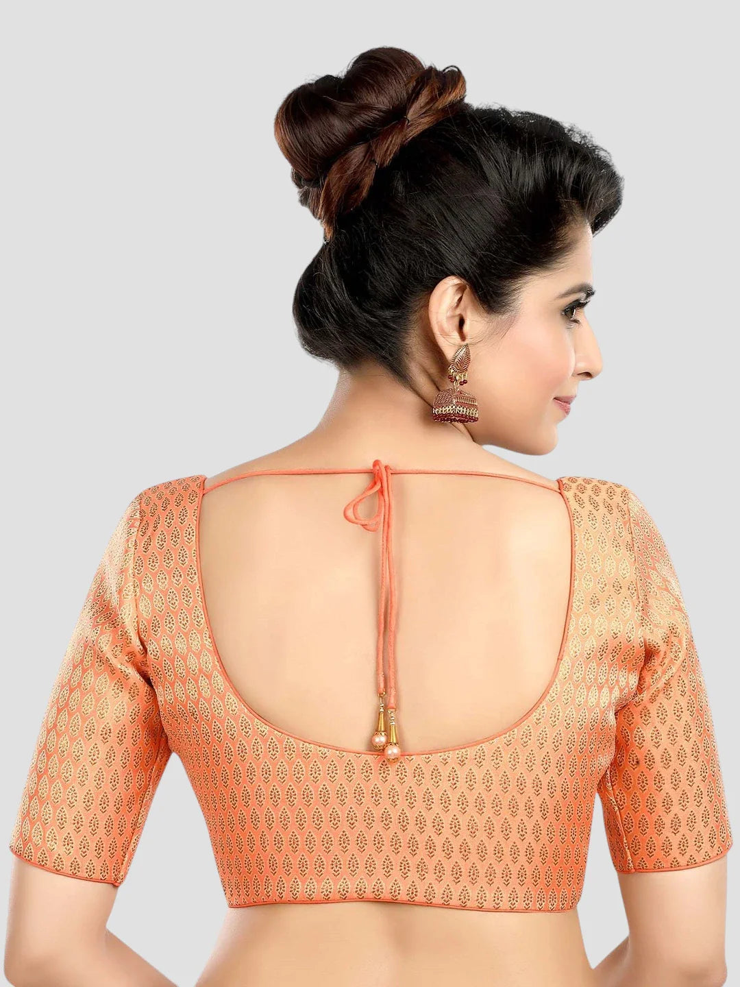 Peach Brocade Round Neck Half Sleeves Readymade Blouse