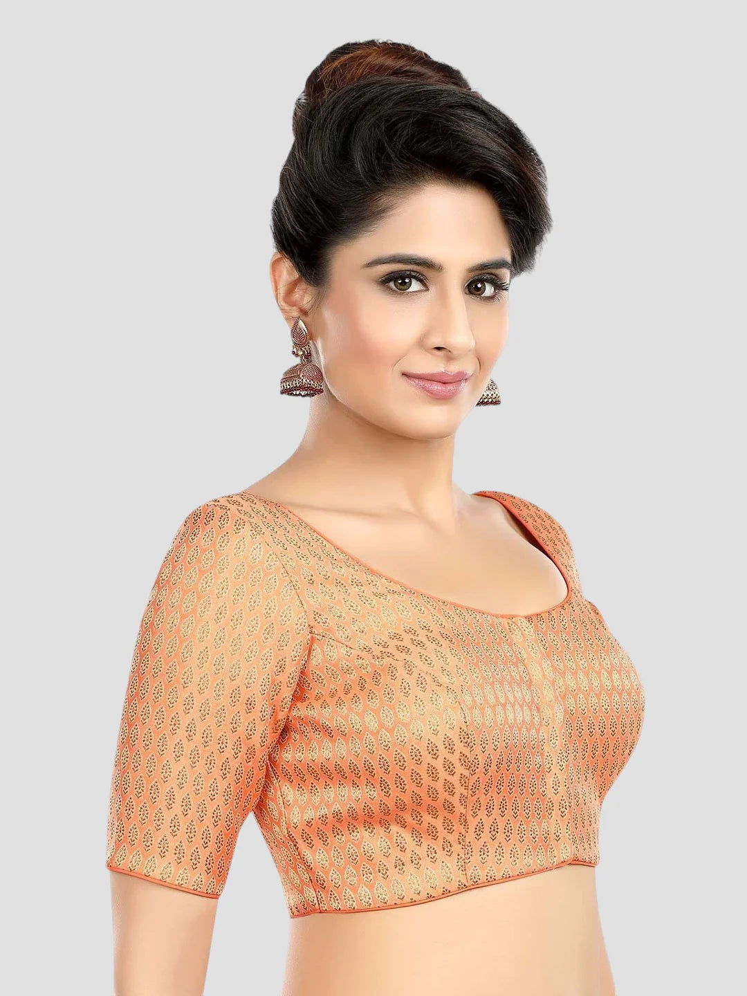 Peach Brocade Round Neck Half Sleeves Readymade Blouse