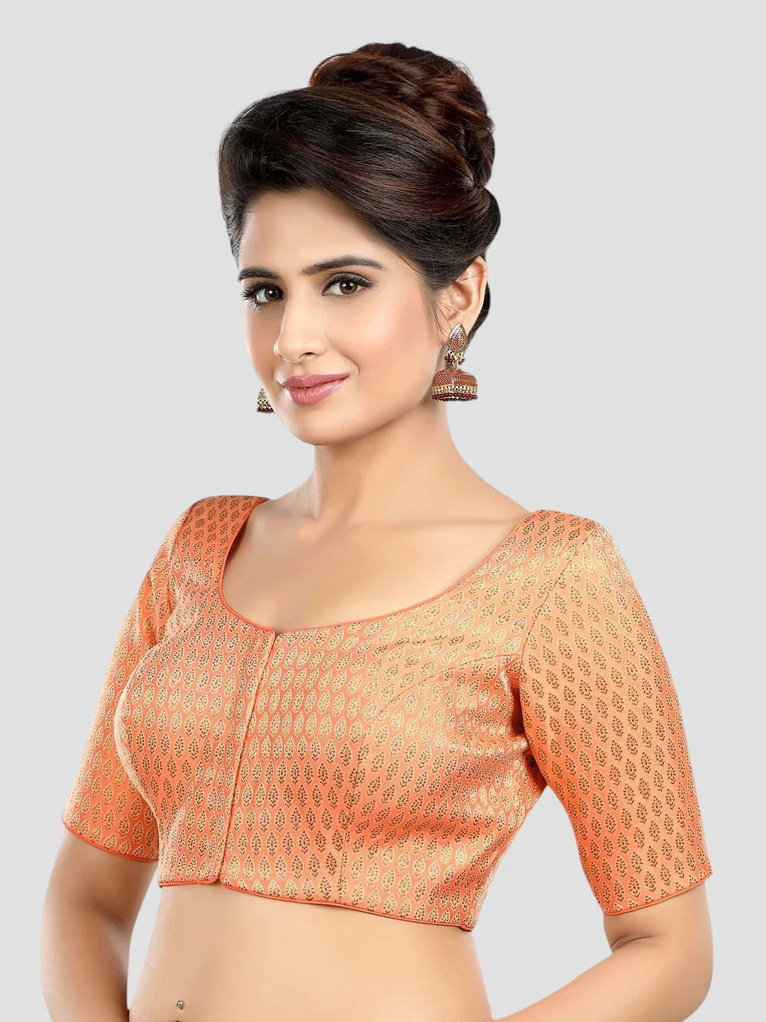 Peach Brocade Round Neck Half Sleeves Readymade Blouse