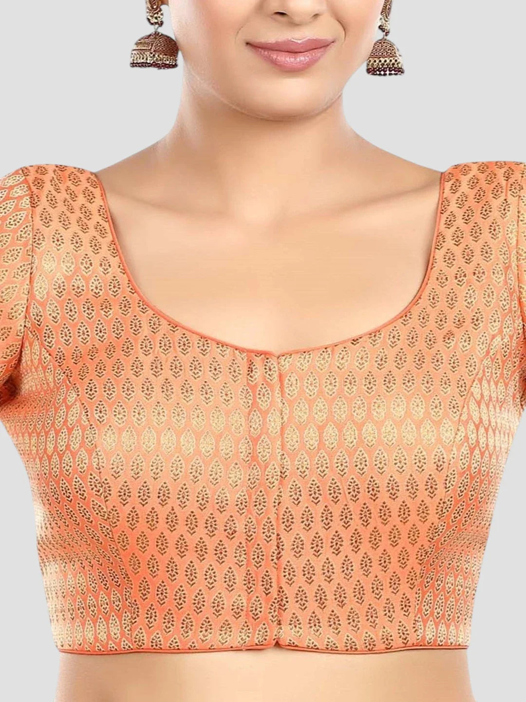 Peach Brocade Round Neck Half Sleeves Readymade Blouse