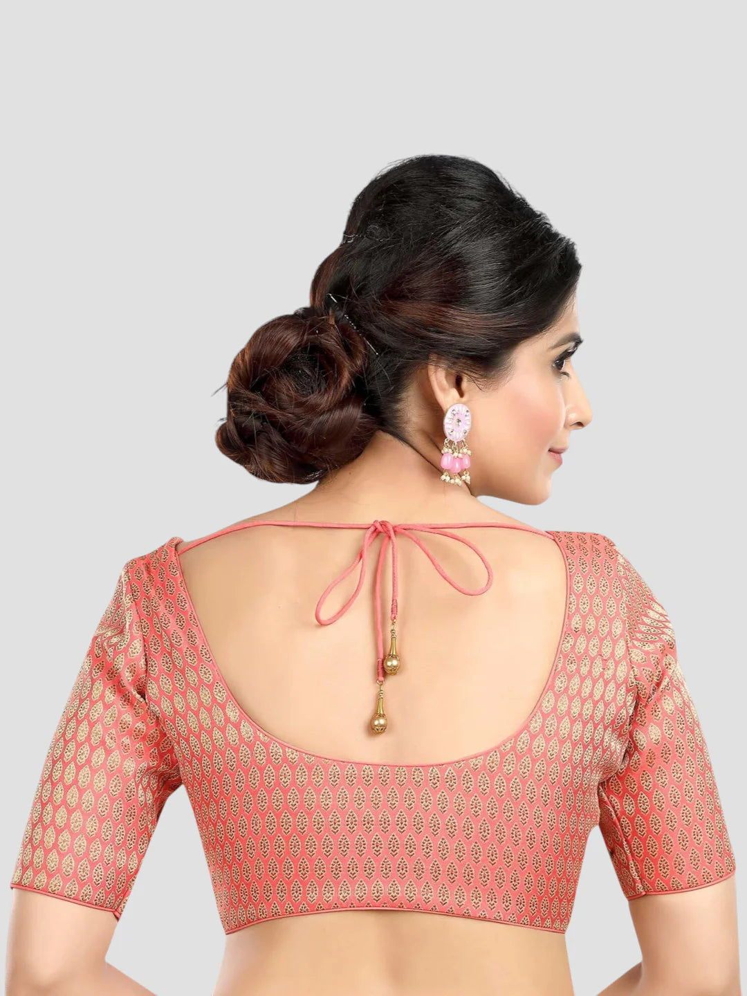 Pink Brocade Round Neck Half Sleeves Readymade Blouse