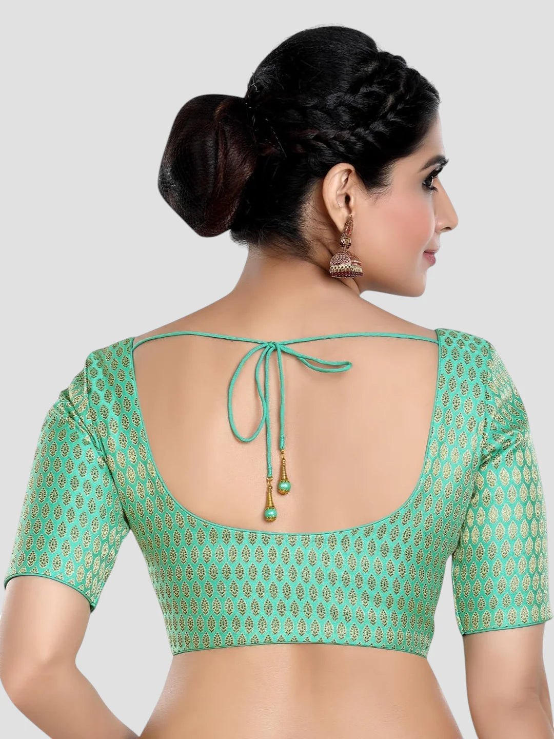 Pista Green Brocade Round Neck Half Sleeves Readymade Blouse