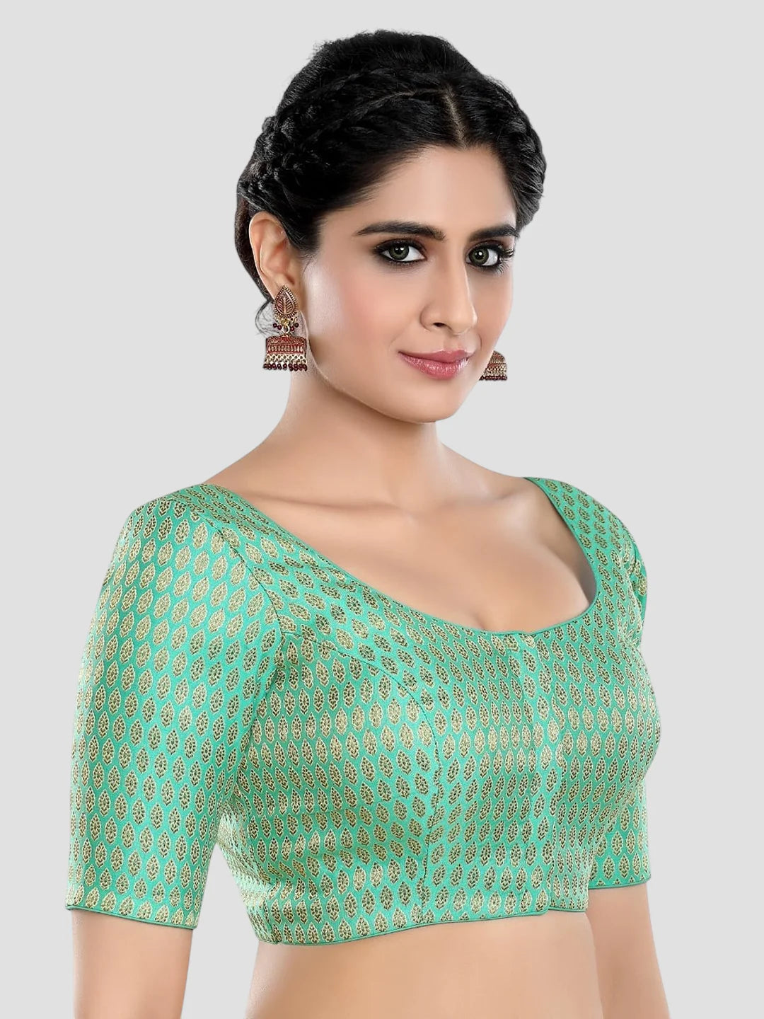 Pista Green Brocade Round Neck Half Sleeves Readymade Blouse